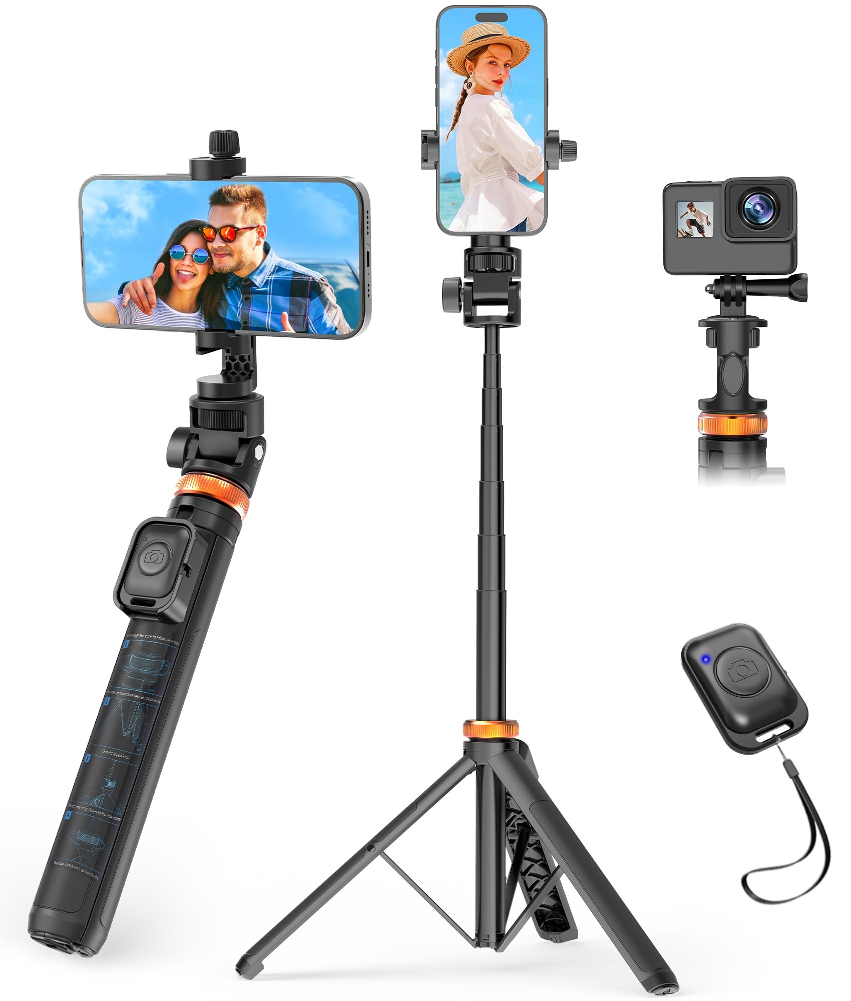 Eocean 157cm Travel Phone Tripod Selfie Stick With Remote, Extendable Tripod for iPhone, Portable Mobile Stand for Video Recording, Mobile Phone Stand for Photography