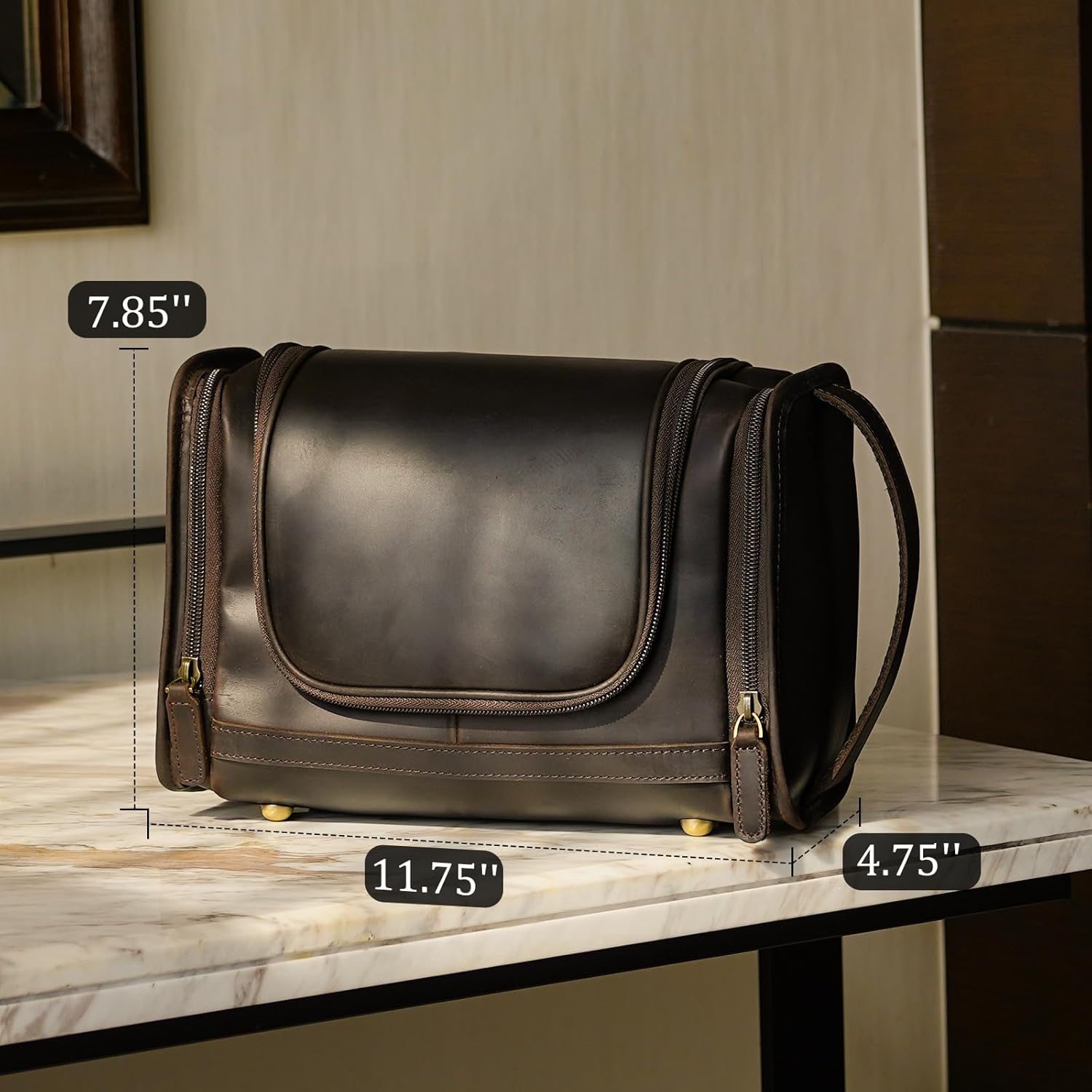 Polare Full Grain Leather Toiletry Bag Travel Dopp Kit Makeup Cosmetic Organizer Shaving Kit Wash Case with Hanging Hook