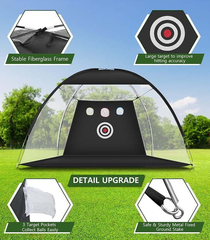 WUDLEP Golf Edzőhálózat 10x7ft Tri-Turf Szőnyeggel, Ütéspálya Szett Labdákkal és Tárcsákkal