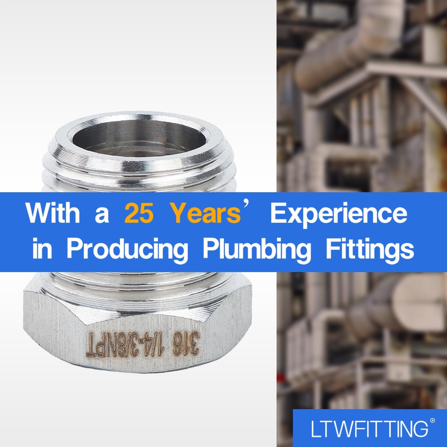 LTWFITTING Bar Production Stainless Steel 316 Pipe Hex Bushing Reducer Fittings 3/8" Male x 1/4" Female NPT Fuel Water Boat (Pack of 5)