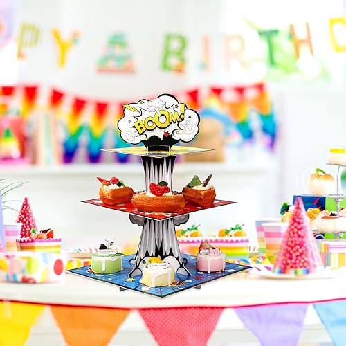 Miniatura 7 de Zopeal 1 soporte de 3 niveles para cupcakes de héroe, suministros de fiesta temática de héroe, soporte para cupcakes de acción, torre para niños y