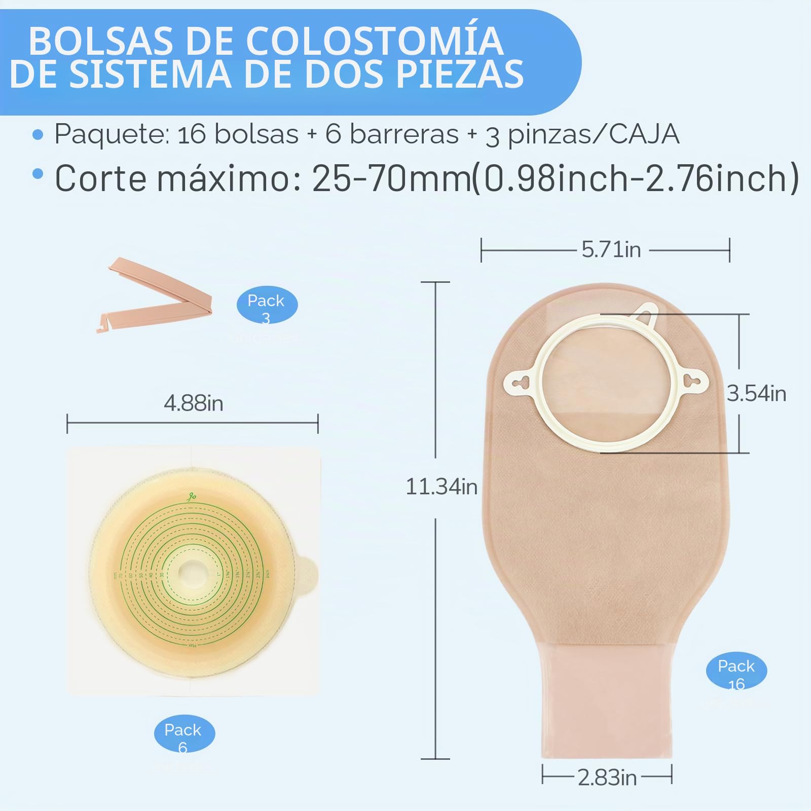 22 piezas de suministros para ostomía bolsas de colostomía de 2 piezas, bolsa de ostomía drenable recortable de 70 mm para el cuidado de ileostomía (16 bolsas de ostomía + 6 barreras + 3 abrazaderas)