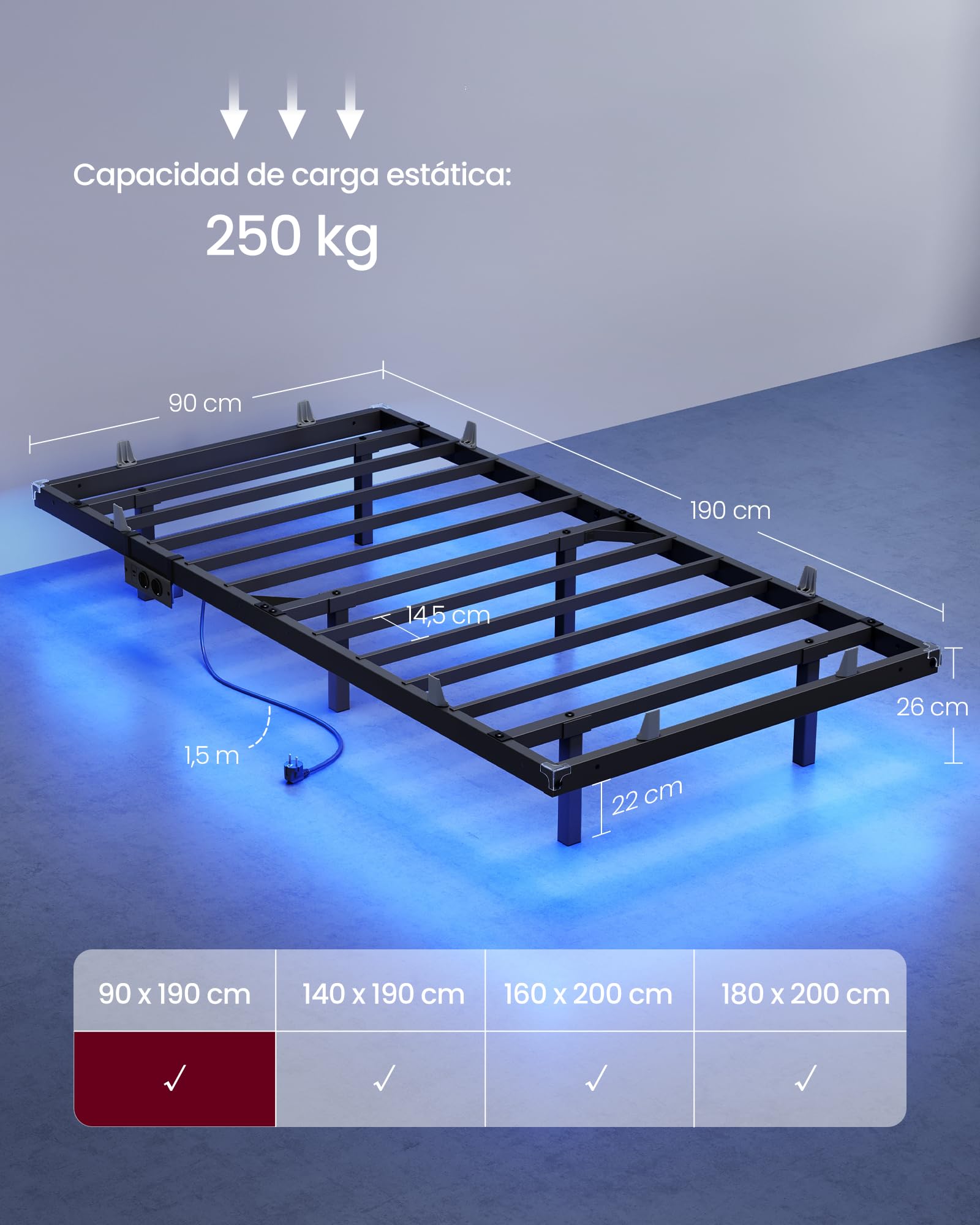VASAGLE Marco de Cama 90 x 190 cm, Luces LED, Estación de Carga Extraíble, 2 Tomas CA, 1 Puerto USB-C, 1 Puerto USB-A, 1 en Posterior, Soporta hasta 250 kg, Negro Tinta RMB171B101