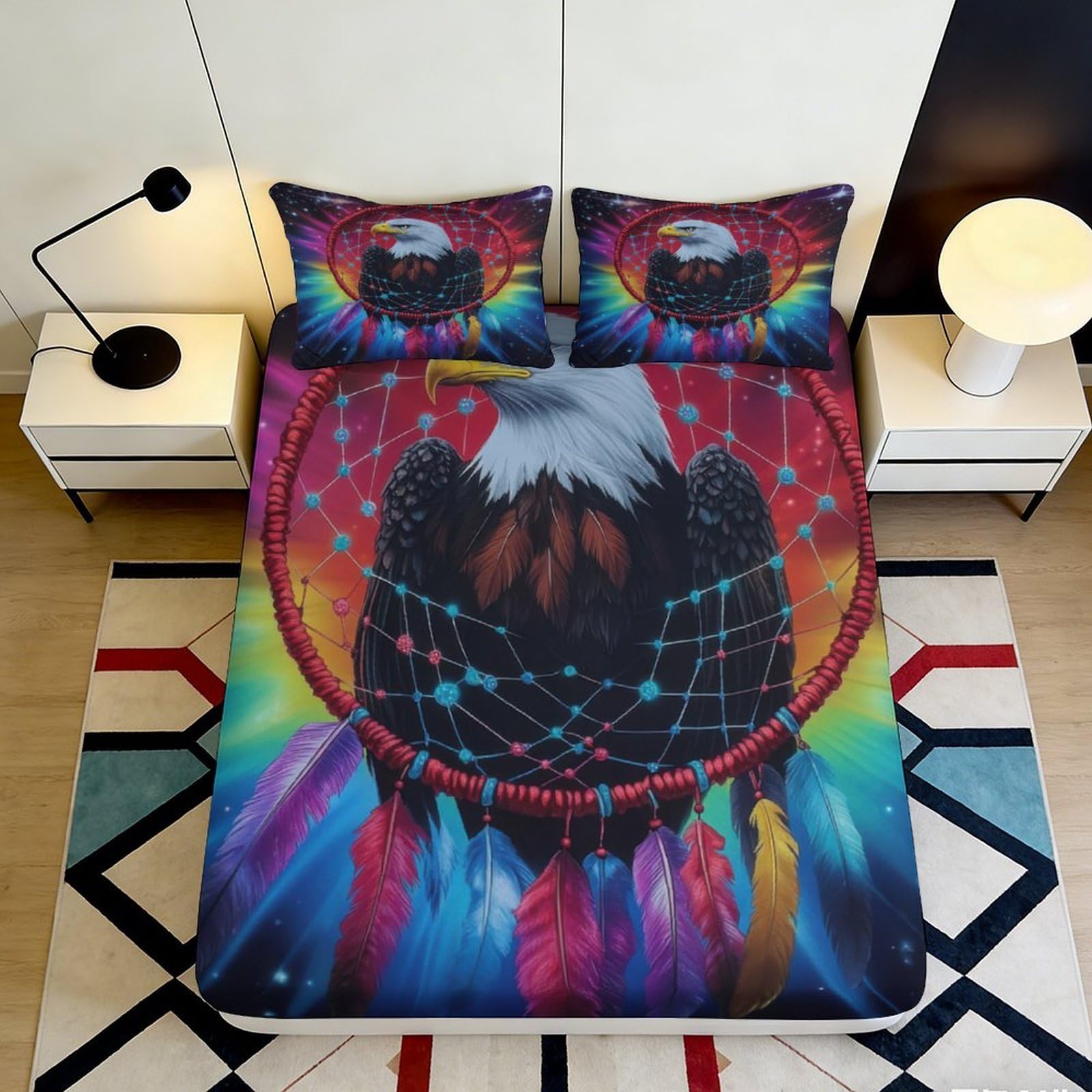 3D Printed Eagle Dreamcatcher Fitted Sheet Microfiber Vibrant Color Mattress Cover for Bedroom Dorm Decor 90x200x25cm