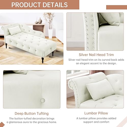 Miniatura 10 de Chaise Lounge - Silla de terciopelo para interiores con almohada, con botones copetudos, brazo derecho, con ribete de cabeza de clavos y patas