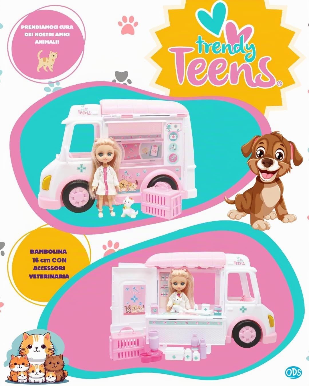 ODS - Trendy Teens, Camioncino Soccorso Animali con Funzioni con Bambolina dimensioni 16 cm e Accessori, Giocattolo per Bambini, Età Consigliata +3