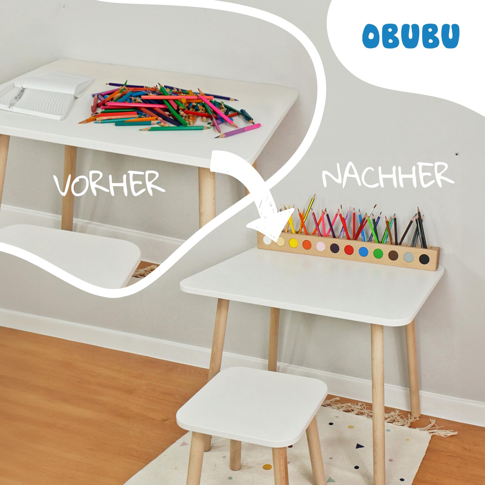 Montessori Schreibtisch Organizer Kinder - Stiftehalter Holz - Stifte Organizer - Stiftebox Holz - Organizer für Bleistifte mit 12 Farbkennung