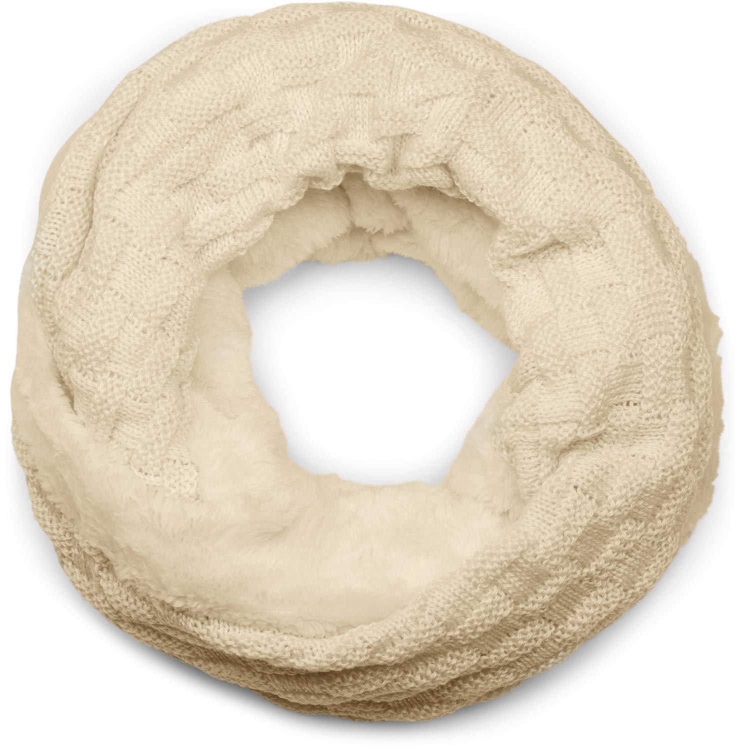 Stylebreaker Women's Ivory Warm Fine-Knit Loop Scarf With Woven Pattern And Very Soft Fleece Lining, Snood, Unisex 01018150, Colour:
