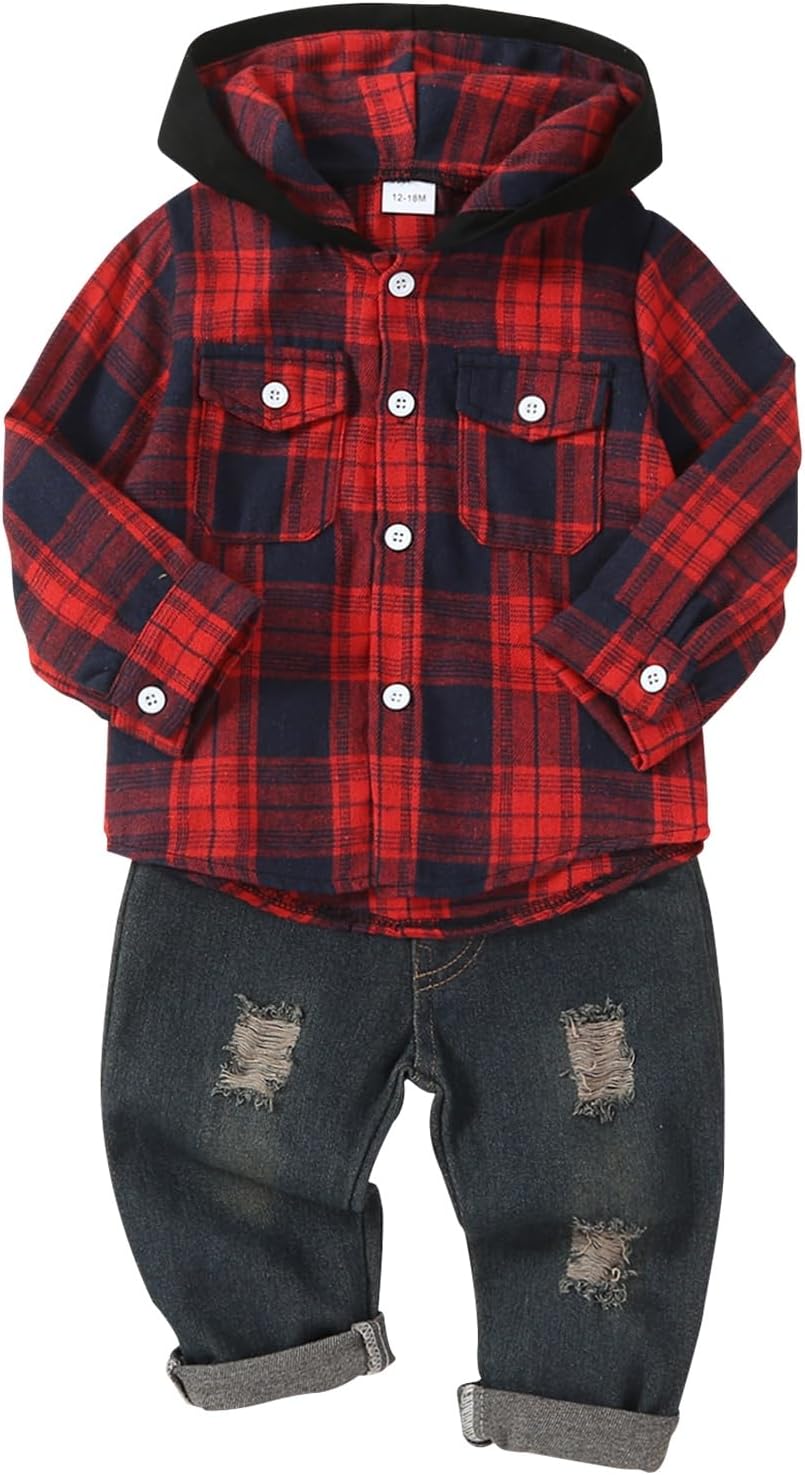 Toddler Baby Boy Fall Winter Clothes Long Sleeve Plaid Hooded Sweatshirt Ripped Holes Jeans Set 1-5 Years Old