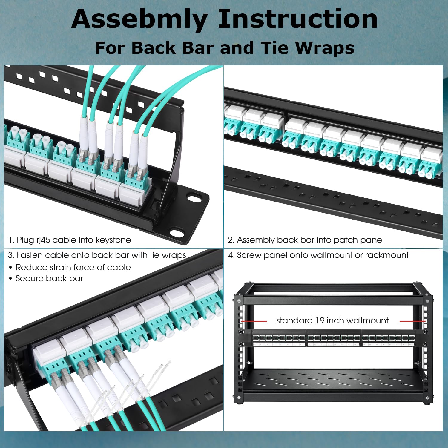 Panneau de brassage en fibre optique 1U avec 24 adaptateurs de fibre optique monomode LC OS2, coupleurs Keystone Jack modulaire avec clé en ligne blanche, connecteurs monomode pour racks