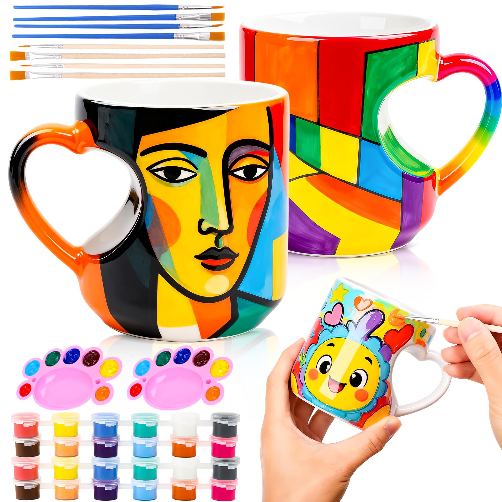Yaunming Set di 2 tazze da pittura in ceramica, set fai da te per adulti, 2 tazze in ceramica, 12 colori senza piombo, 8 pennelli professionali, fai da te per adulti e bambini