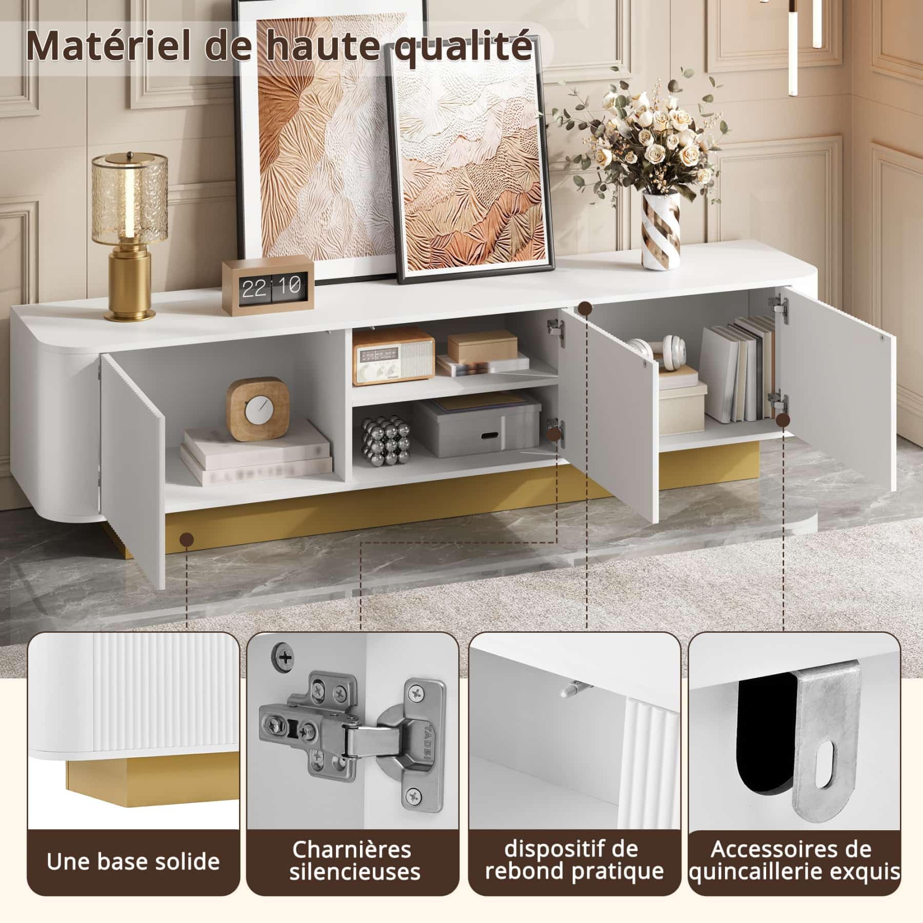 PUGSDRLY Meuble TV Moderne avec étagères réglables et 3 Portes, Meuble TV Bas avec Espace de Rangement,Design sans poignées, pour Salon et Chambres à Coucher,170x40.5x47cm (Blanc)