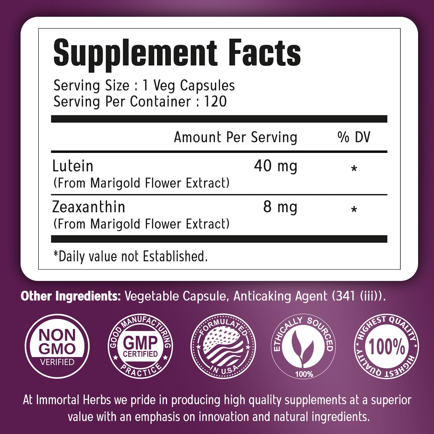 Immortal Herbs Lutein and Zeaxanthin Supplements for Eyes, Lutein 40mg with Zeaxanthin 8mg from Marigold Flower Extract, 120 vegan Capsules, Non-GMO and Gluten-Free Eye Health Supplement