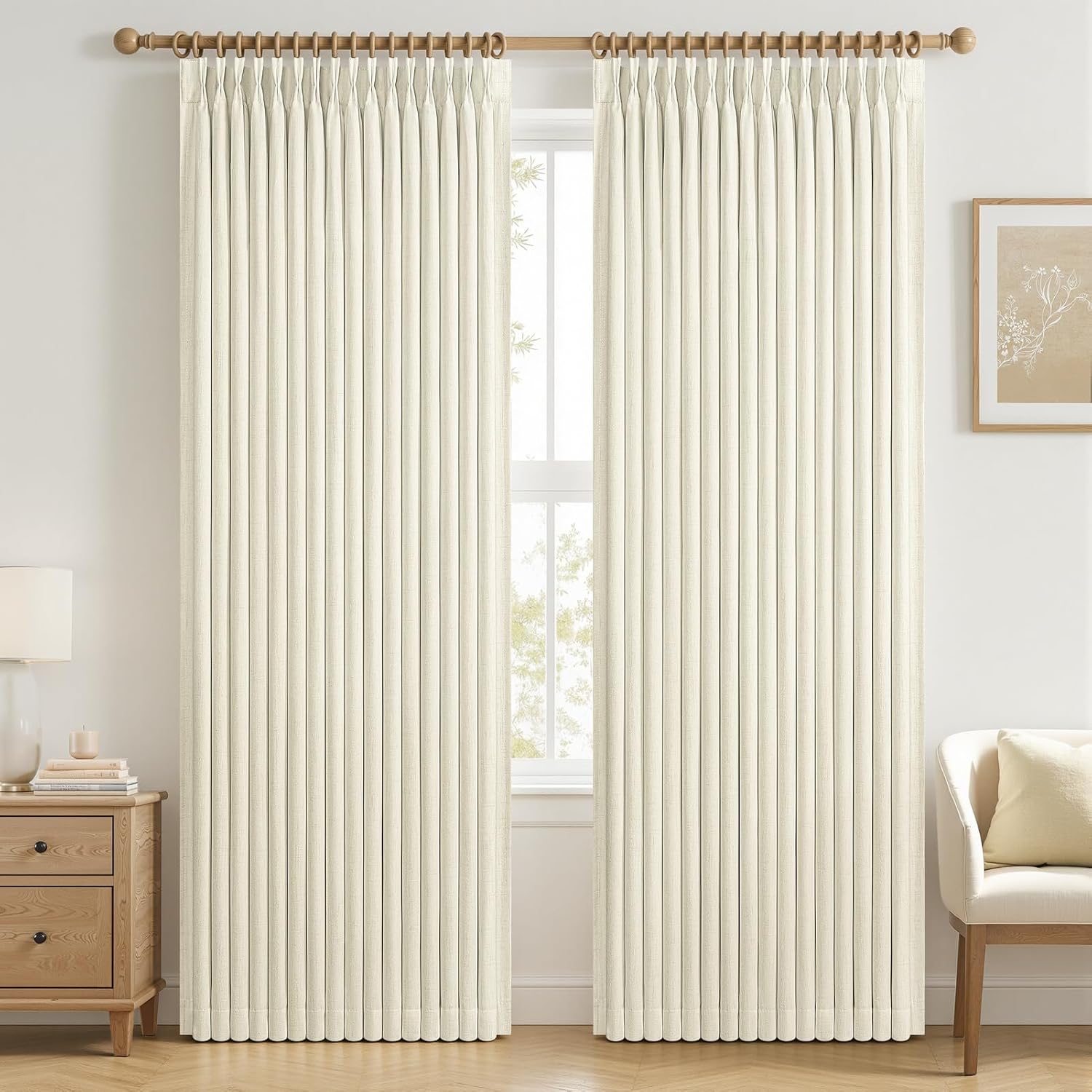 Blackout Cream Curtains 90 Inches Long 2 Panels Set for Living/Bedroom,50Wide Pinch Pleated Cooling Summer Heat 90 Inch Curtain Thick Linen Textured Neutral Boho Drapes with Hooks&Rings(50Wx90L)