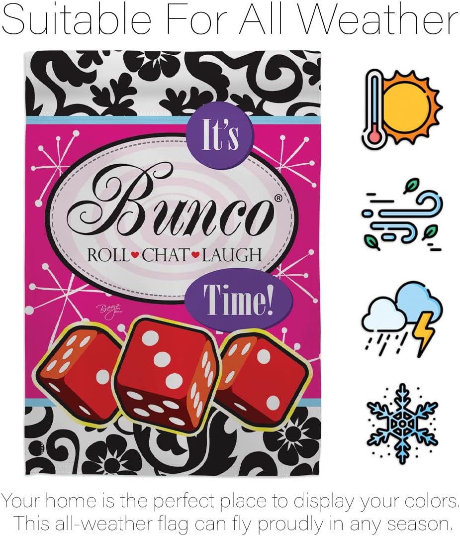 Breeze Decor It's Bunco Time! Garden Flag - Set with Stand Interests Games Night Dice Poker Bingo Hobbies Leisure Activity - House Decoration Banner Small Yard Gift Double-Sided Made in USA 13 X 18.5