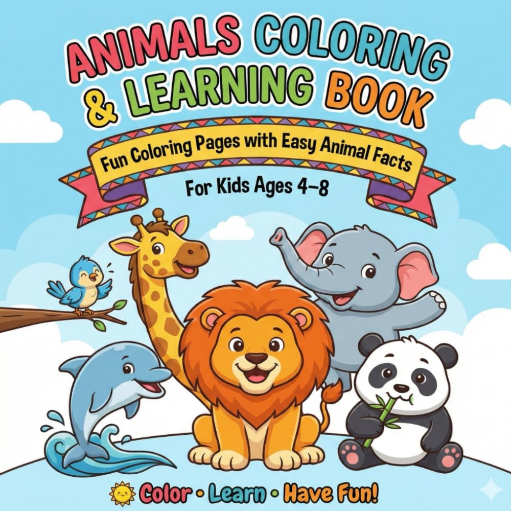 Animals Coloring & Learning Book: Fun Coloring Pages with Easy Animal Facts & Activities for Kids Ages 4–8