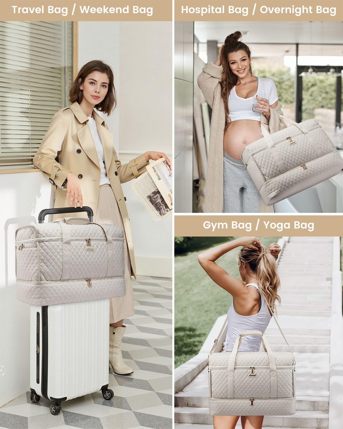 Bolsa de viaje grande, bolsas de fin de semana para mujeres con compartimento para zapatos, bolsa de hospital durante la noche para mujeres parto de trabajo, bolsa de transporte para 9