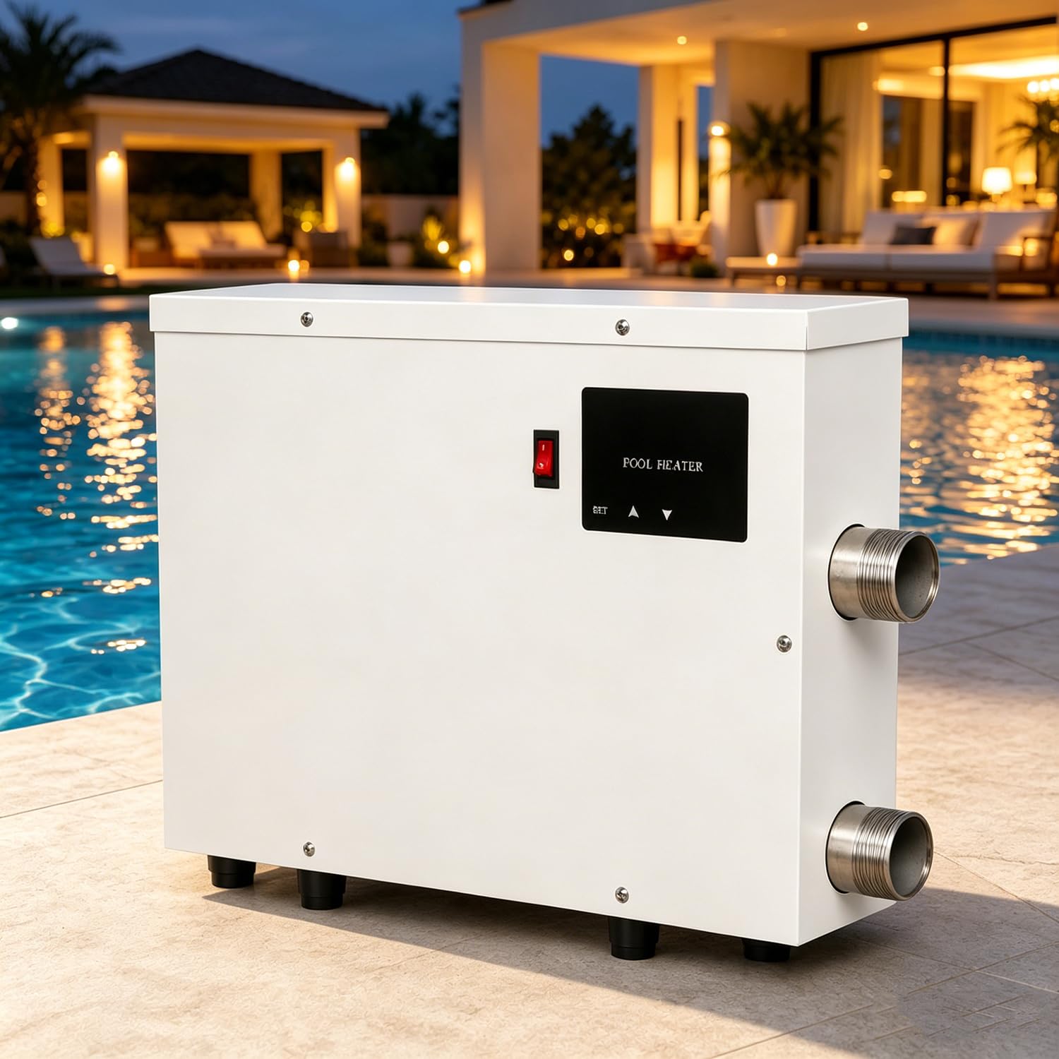 Riscaldatore Piscina Elettrico PHS 5,5–15 kW, Pool Heater con Termostato Touch 20–50 °C, Tubo Inox 316, Attacchi 1,5 Pollici, per Spa, Vasca Idromassaggio e Piscina Fuori Terra Domestica 5.5kw