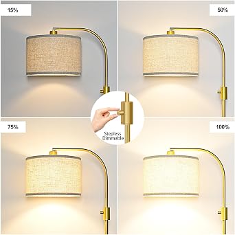 Nintiue Upgraded Modern Arc Dimmable Tall Standing Floor Lamp with Linen Shade, 1200 Lumens LED Bulb Included, for Living & Reading Room, Bedroom, Office & Nursery, Gold