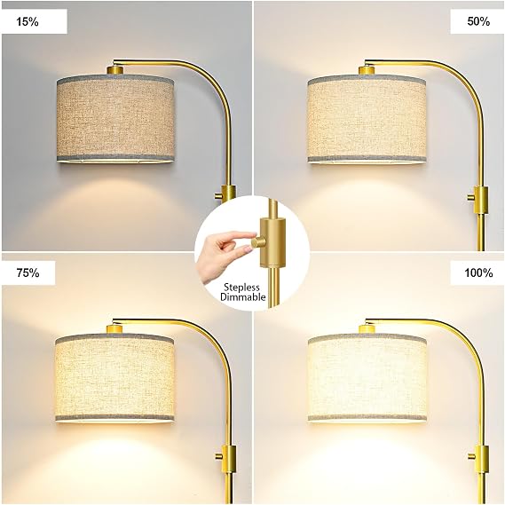 Nintiue Upgraded Modern Arc Dimmable Tall Standing Floor Lamp with Linen Shade, 1200 Lumens LED Bulb Included, for Living & Reading Room, Bedroom, Office & Nursery, Gold