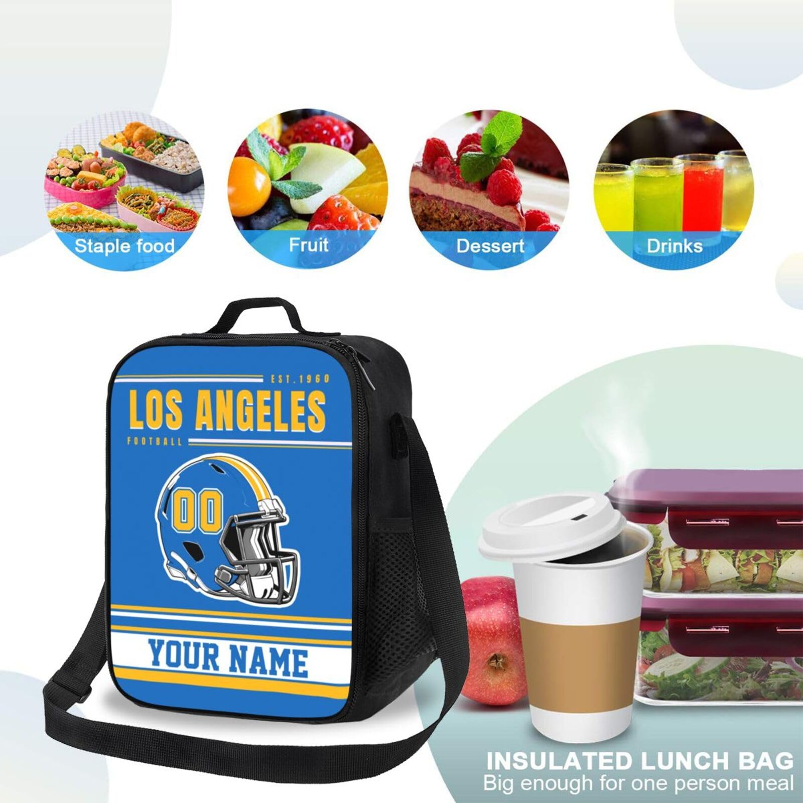 Blinshir Custom Los Angeles Lunch Box Personalized Football Style Lunch Bag with Name Number Customized Adjustable Strap Sport Insulated Lunch Tote Gifts for Fans Men Women