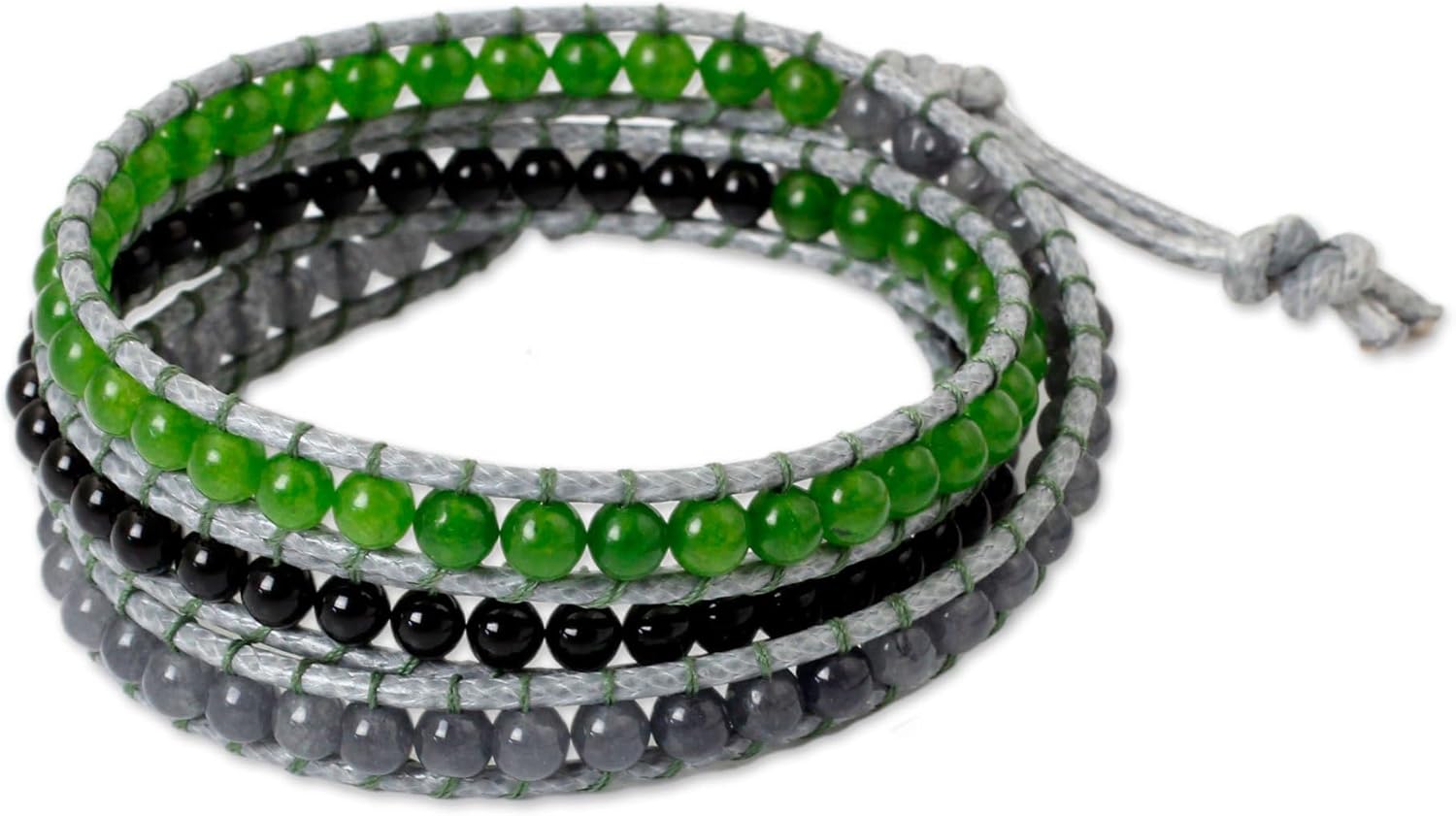 NOVICA Artisan Handcrafted Onyx Wrap Bracelet Thai Multigem Silver Fine Quartz Green Beaded Thailand Cypress Birthstone [20.25 in min L x 21.25 in max L x 0.3 in W] ' Rhythm of The Season'