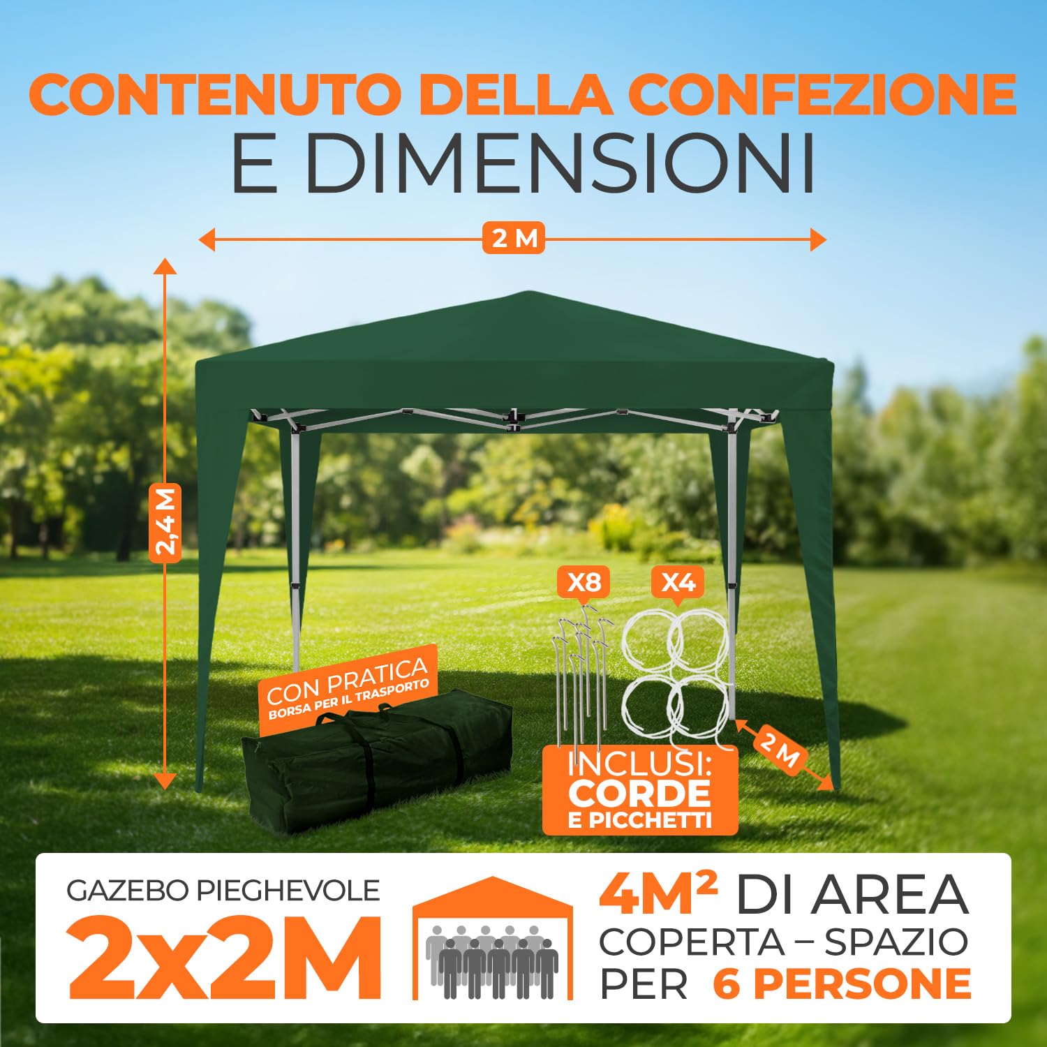 Kronenburg Gazebo Pieghevole 100% Impermeabile, Tenda da Giardino, 3 x 3 m o 3 x 6 m – con Protezione UV 50+, Colore e Lati a Scelta