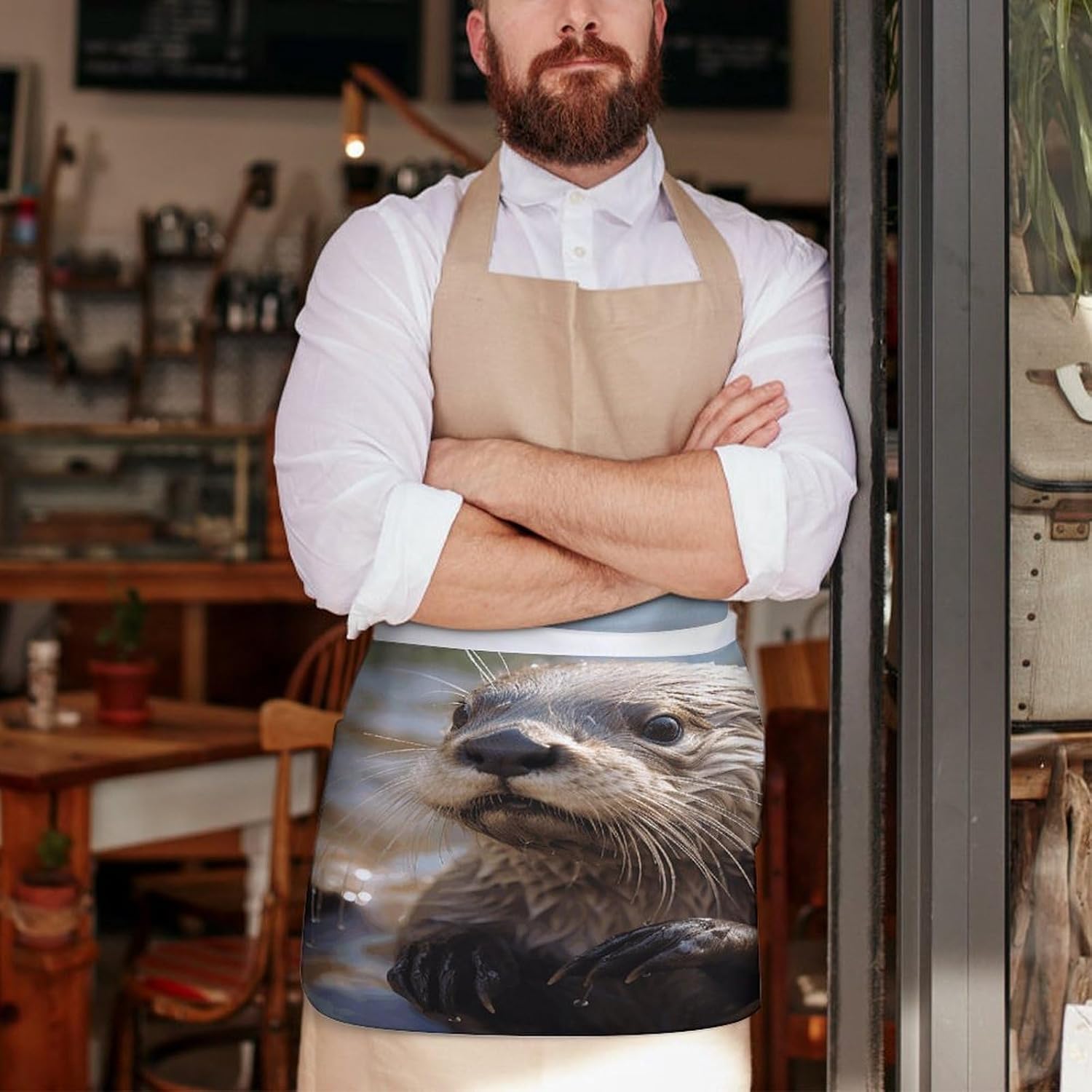 Otter Playing in The Water Server Aprons for Women And Men Waterproof Half Apron with 3 Pockets Deluxe Oxford Fabric Waist Aprons Adjustable Chef Apron for Kitchen Bar Home