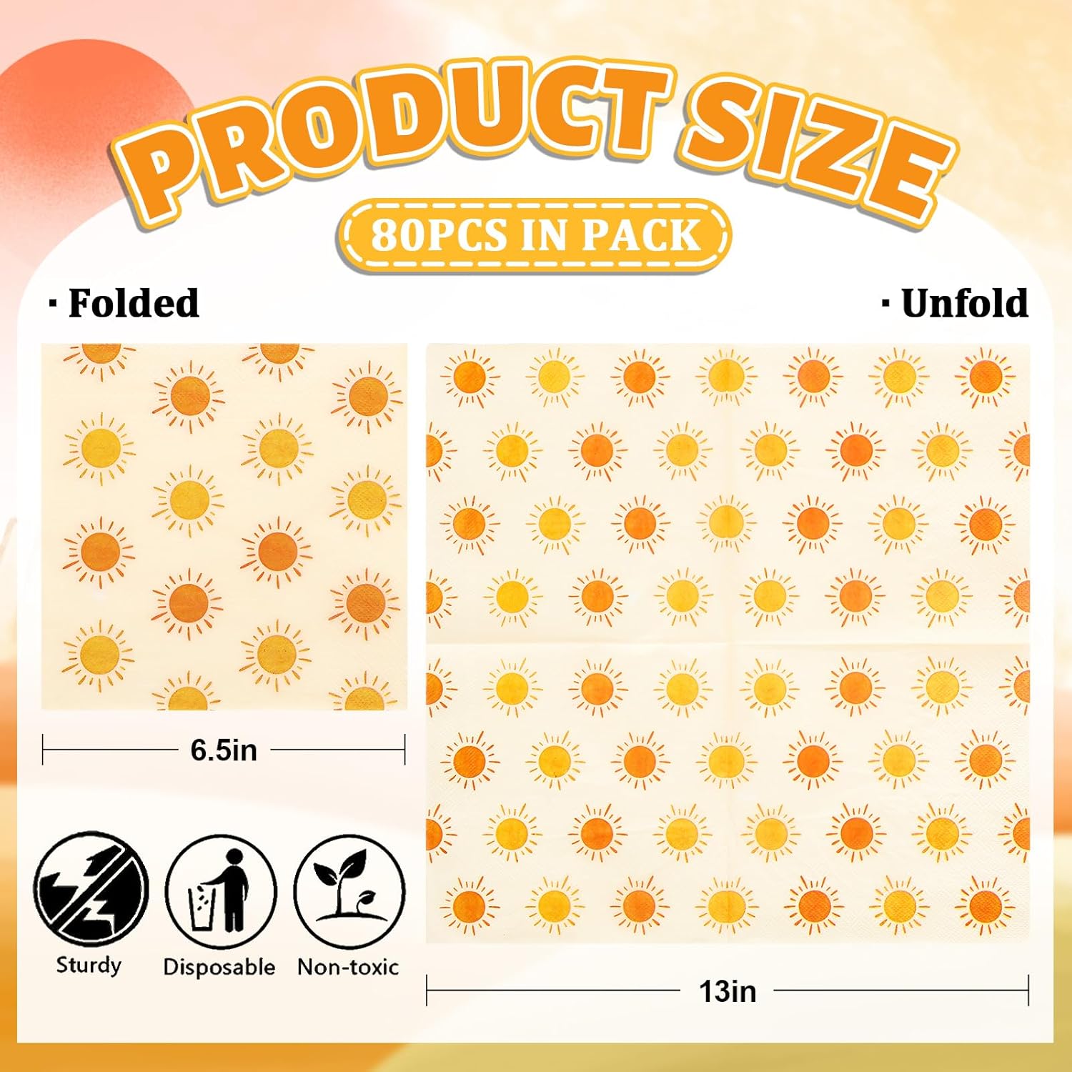 Whaline 80Pcs Boho Sun Paper Napkins First Trip Around The Sun Disposable Napkins Sunshine Yellow Orange Luncheon Dinner Napkins For Birthday Baby Shower Party Table Supplies - Image 2