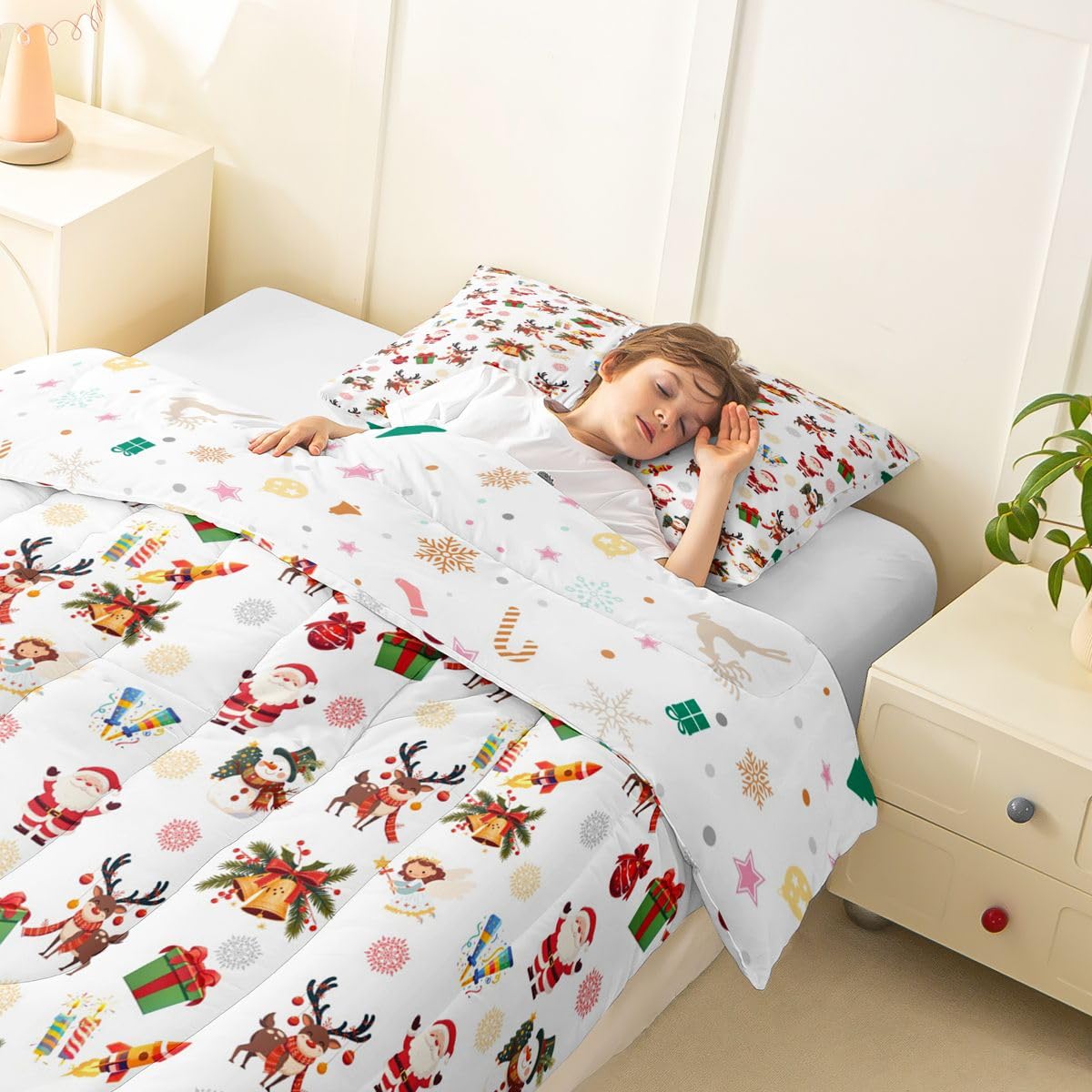 Feelyou Weihnachts-Bettwäsche-Set für Kinder, niedlicher Schneemann, Weihnachtsmann, für Jungen und Mädchen, niedliches Rentier, Weihnachtsglocken, Cartoon-Design, Quilt-Kollektion, 2-teilig,