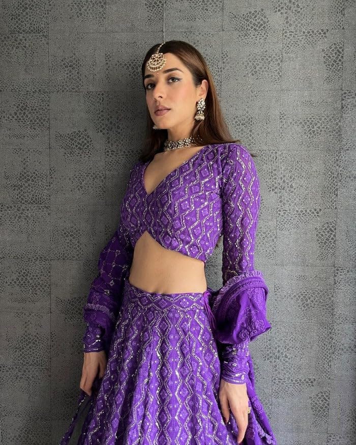Image of JIHU CULTURE Georgette Sequence Lucknowi Embroidery Work Semi sttiched Lehenga choli set for women