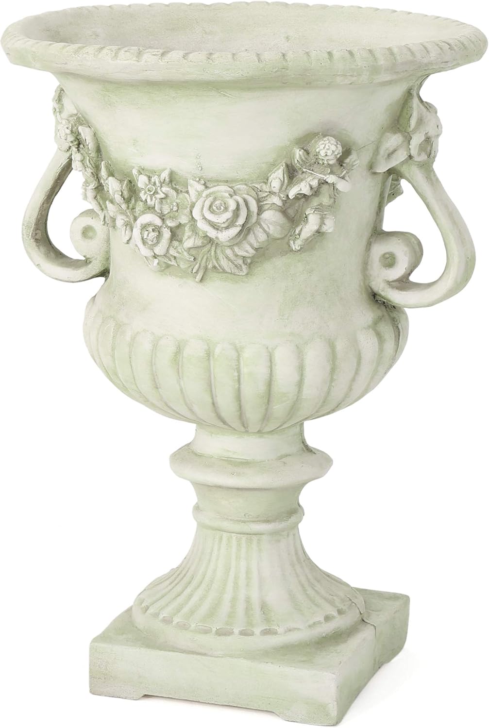 Christopher Knight Home Buena Outdoor 24" Cast Stone Urn, White color with green Moss