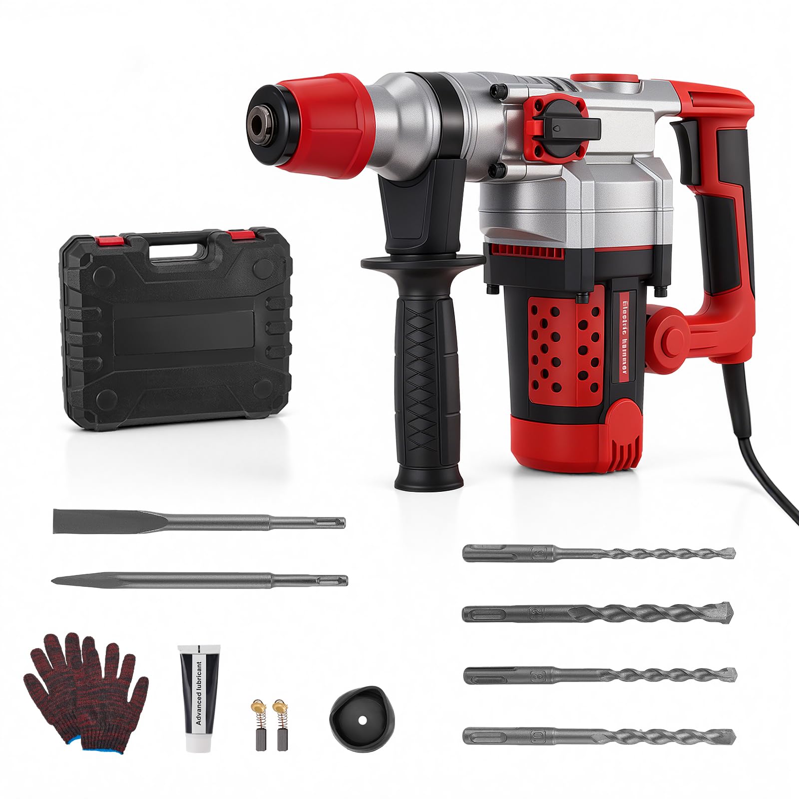2200W martello demolitore, 5J Energia d'impatto, 930 giri/min/3300 battiti al minuto, trapano a percussione brushless con impugnatura girevole a 360° e 4 punte, 6/8/10/12 mm