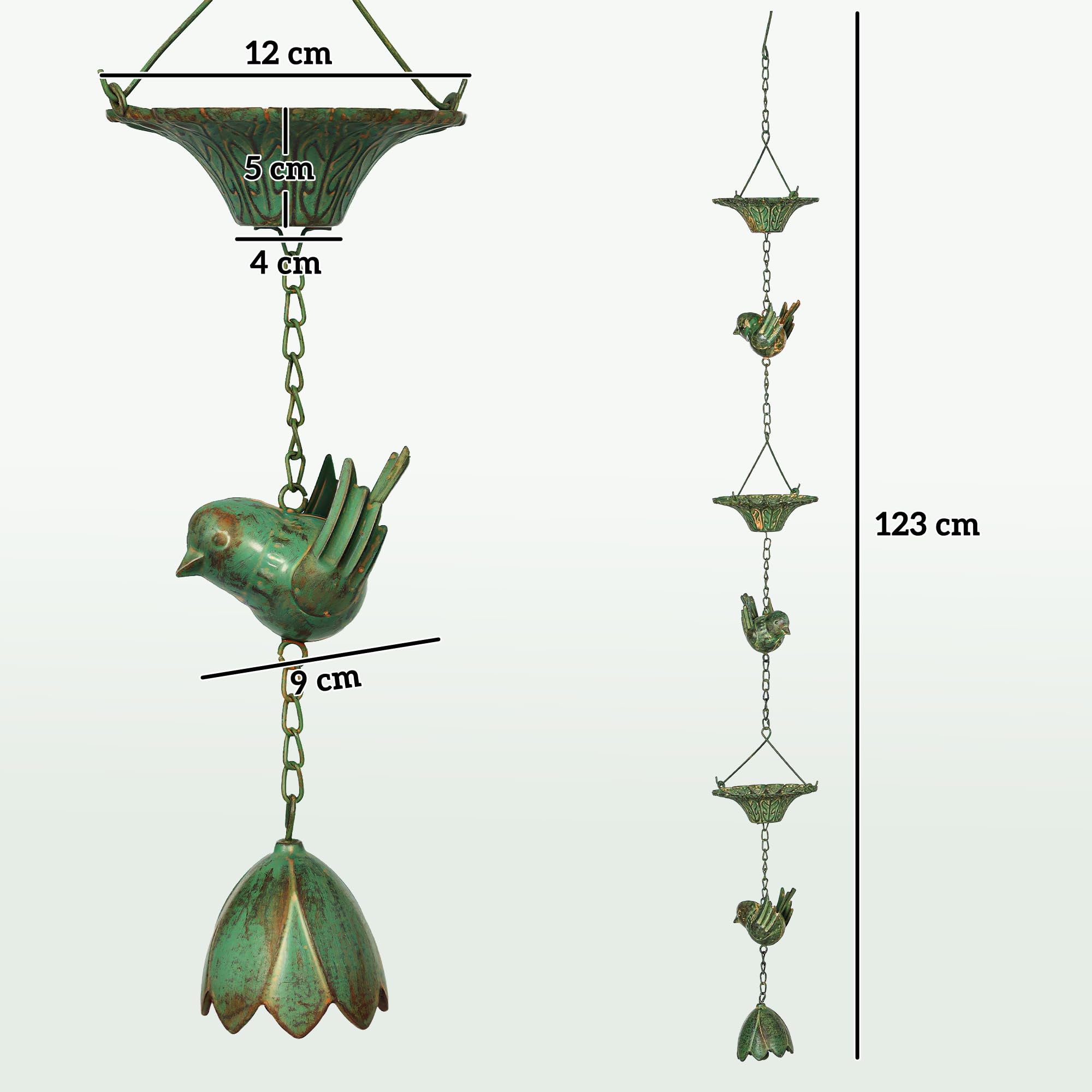 Outsunny Zestaw 3 łańcuchów przeciwdeszczowych 123 cm z metalu z zamocowaną zawieszką | Łańcuch spustowy deszczówki, łańcuch odpływowy, łańcuch do rynien dachowych, łańcuch na wodę deszczową, do rynien dachowych