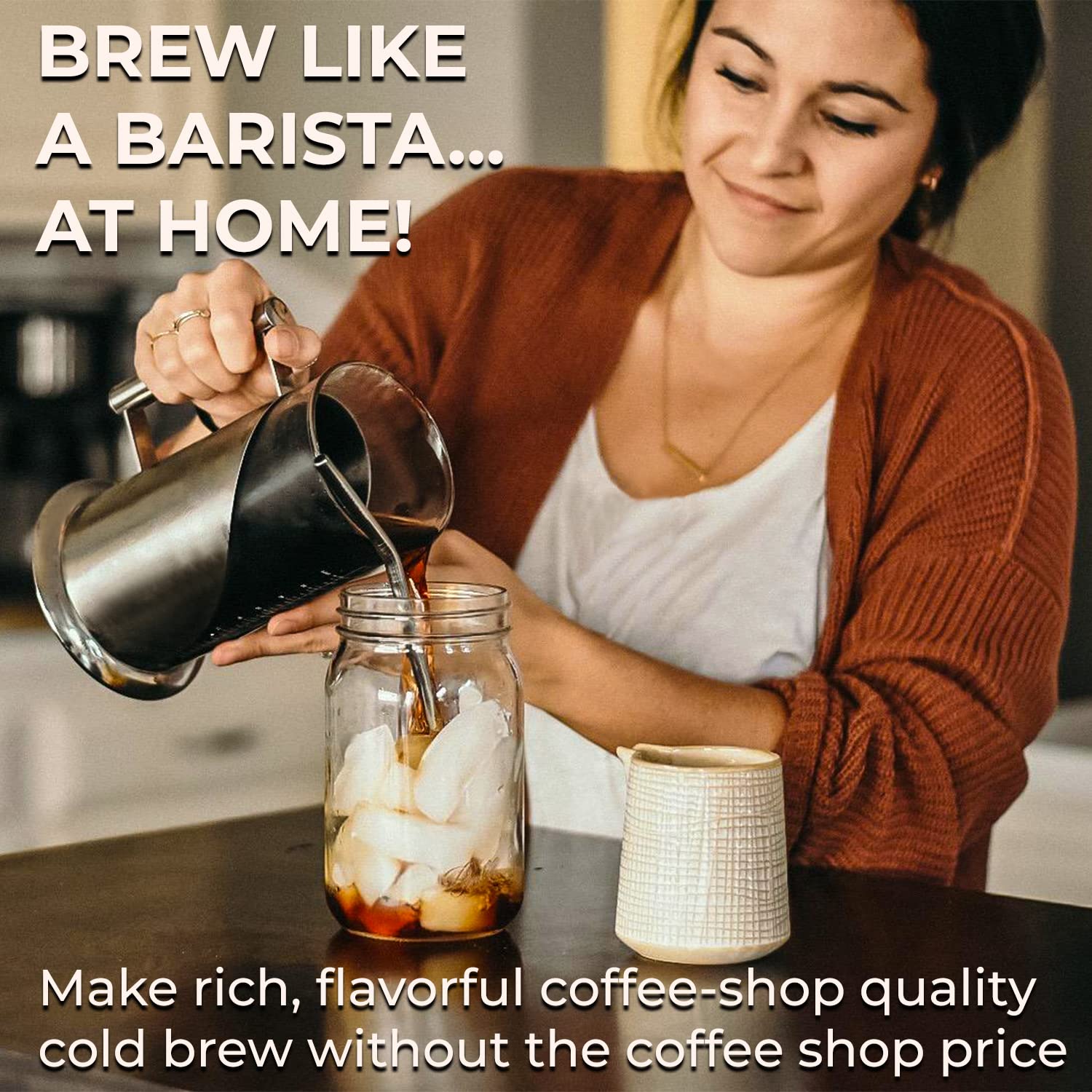 Cafe Du Chateau Brew Perfect Iced Coffee & Tea w/Our Cold Brew Coffee  Maker, Pitcher for Fridge (34oz) - Air Tight Seal, Measuring Label -  Stainless