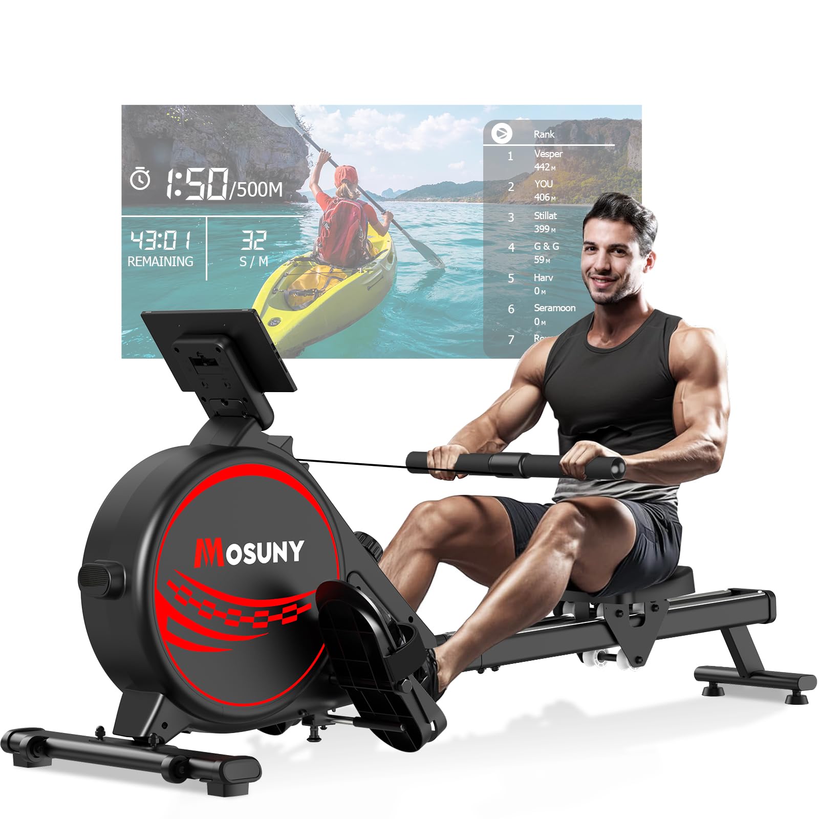 MOSUNY Vogatore per Casa, 16 Livelli di Resistenza, Vogatore Magnetico con Guide di Scorrimento Doppie Aggiornate, Ultra Silenzioso, Display LCD Compatibile con App, Capacità di Carico Fino a 160 kg