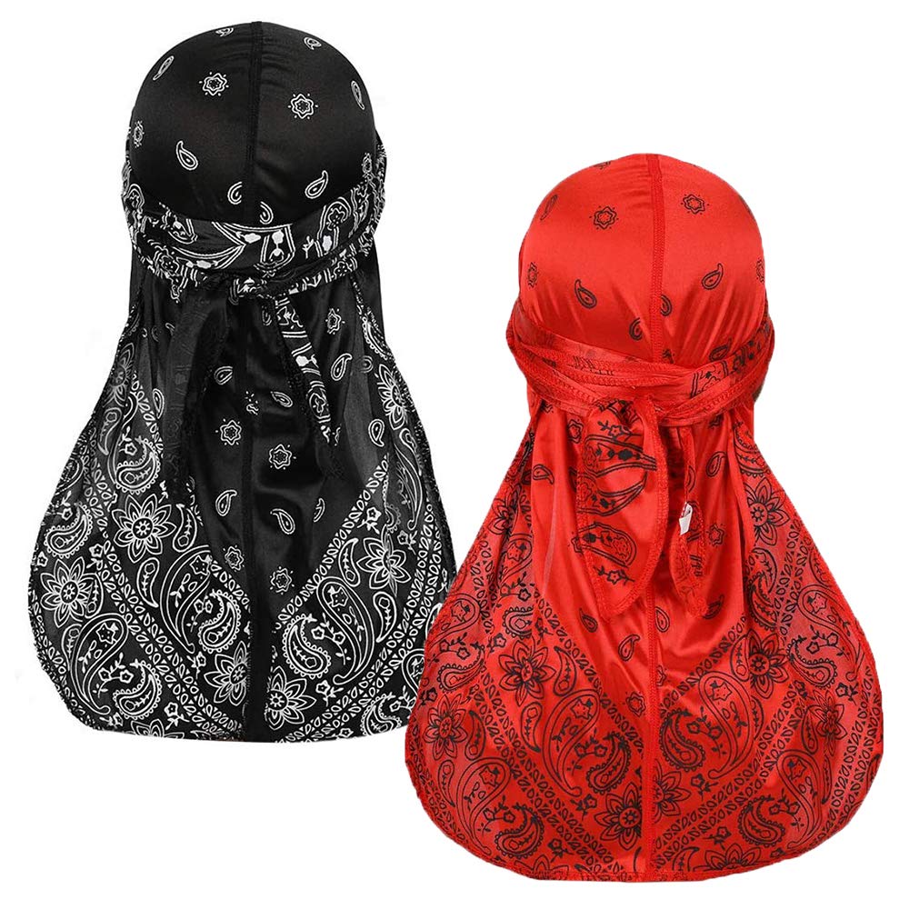 UNAOIWN 2 Pack Silky Durag Caps Elastic Headwrap Cap with Long Tail for Men&Women Hair Waves