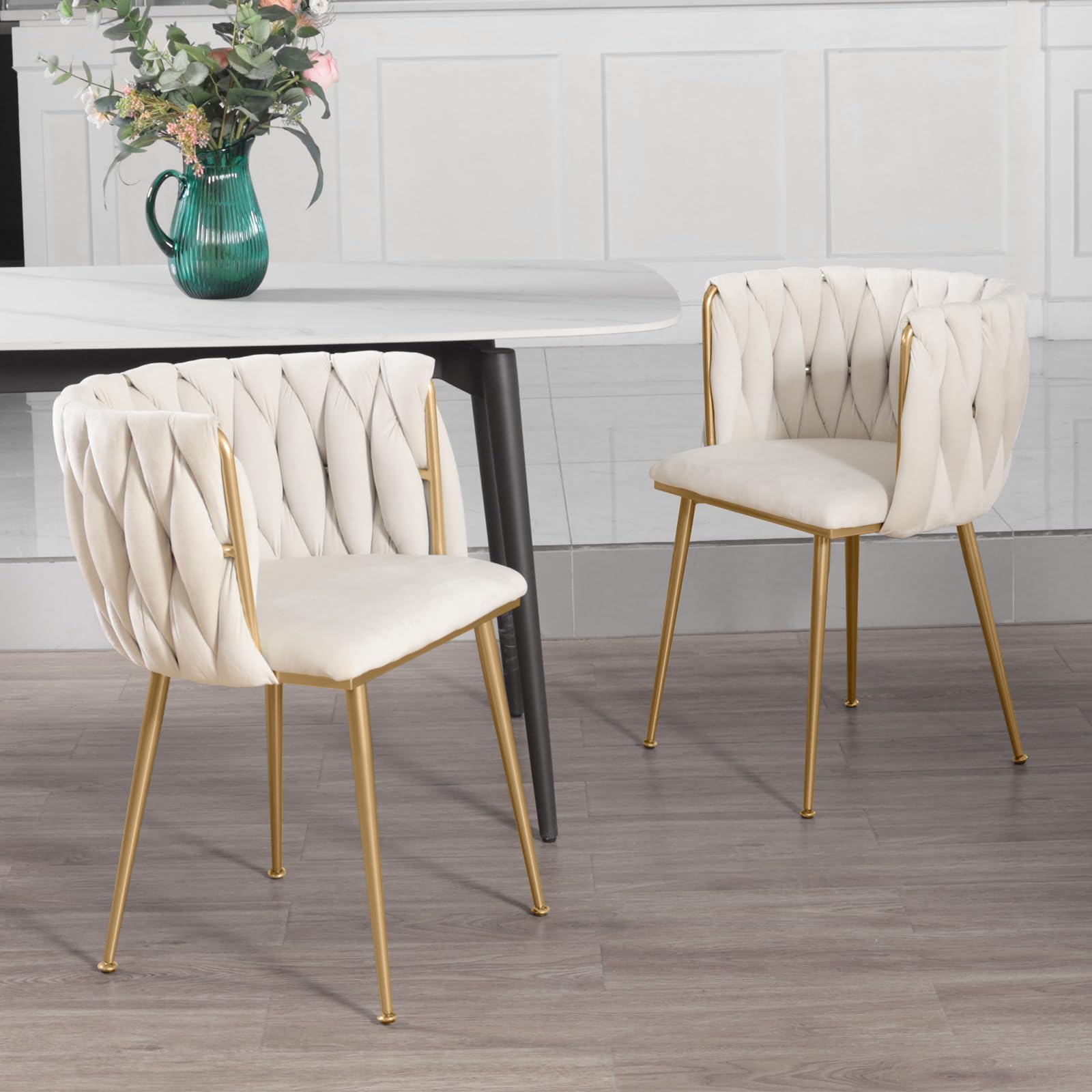 Velvet Dining Chairs Set of 2, Accent Chairs with Gold Metal Legs, Woven Upholstered Dining Chairs for Living Room/Bedroom/Kitchen