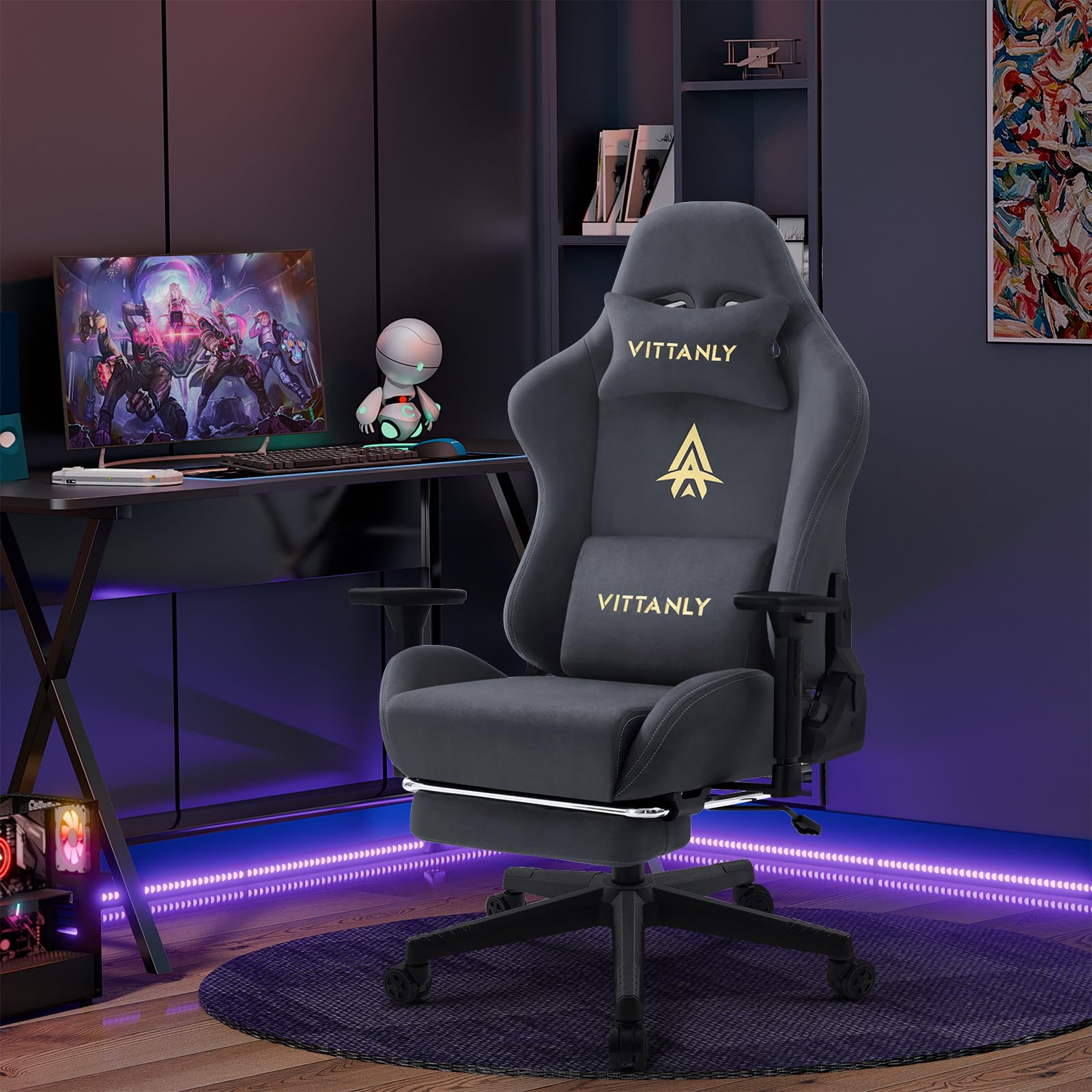 Vittanly Gaming Stuhl, Luxuriöser Wildlederimitat Gaming Chair Bürostuhl, Ergonomischer Schreibtischstuhl mit Fußstütze Kopfstütze und Lendenkissen, 3D Armlehnen, 90-155° Rückenlehne, Grau