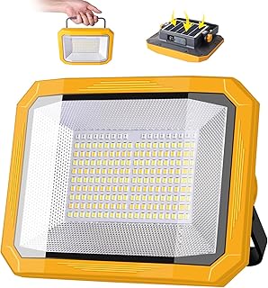 LED Strahler Akku 60W, Solar Arbeitsleuchte LED Akku 7800mAh, 10000LM Superhell Baustrahler mit 4 Lichtmodi, Campinglampe Tragbare für Stromausfällen, Camping, Gelb & Grau