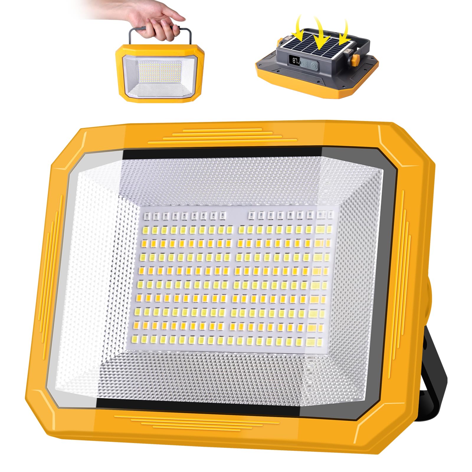 Faro LED Ricaricabile Solare, 10000LM, 7800mAh, 4 Modalità di Luce | 60W, Uscita USB, Base Magnetica, Luce Rossa e Blu, IP54, Leggero & Portatile per Campeggio, Pesca, Emergenze, e Garage