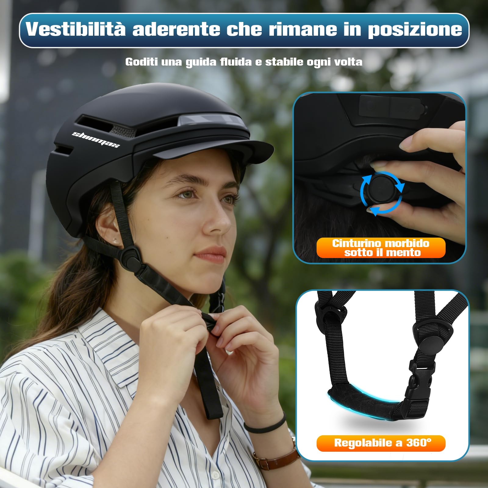 Shinmax Casco Bici Uomo e Donna con LED Indicatori di Direzione, USB Ricaricabile, Visiera Rimovibile, Casco Bicicletta per Ciclismo Urbano, Trekking, Commuting e Monopattino Elettrico