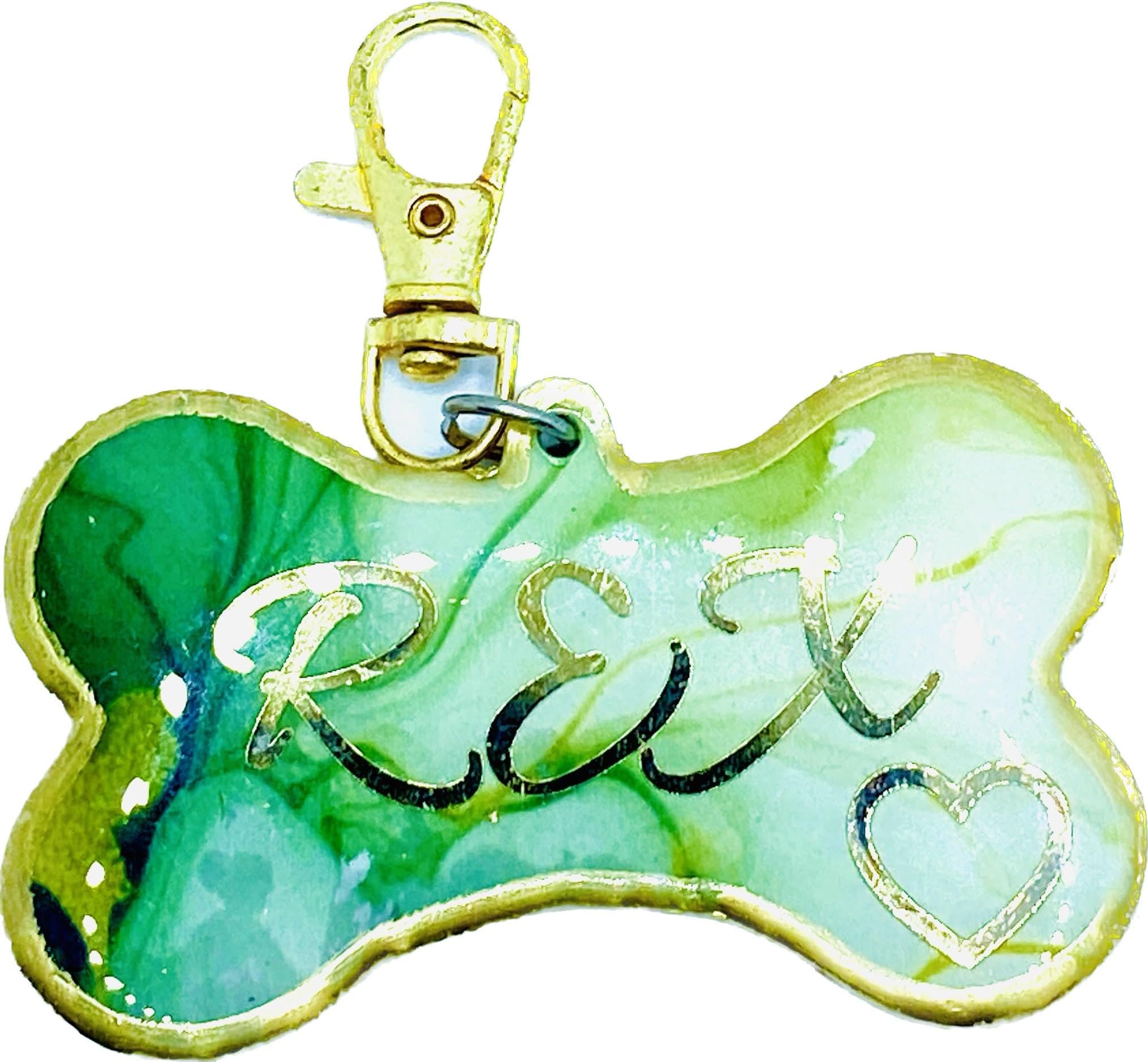 Handcrafted - Dog ID Tag, Personalized for Your Loving Pet Dog, Puppy Classic Bone Shape (Resin Art Green Ink Rex)