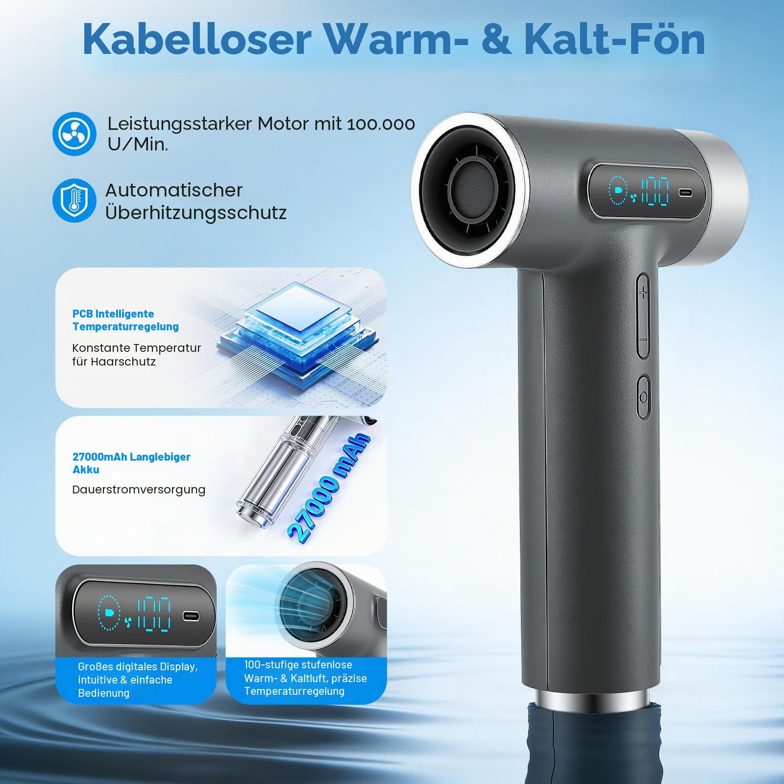 Akku Föhn Kabellos mit 27000mAh & 100 Stufen, Wiederaufladbarer Haartrockner mit 10W U/min Motor, Tragbarer Fön für Reise Camping Zuhause – 18W USB-C Schnellladung