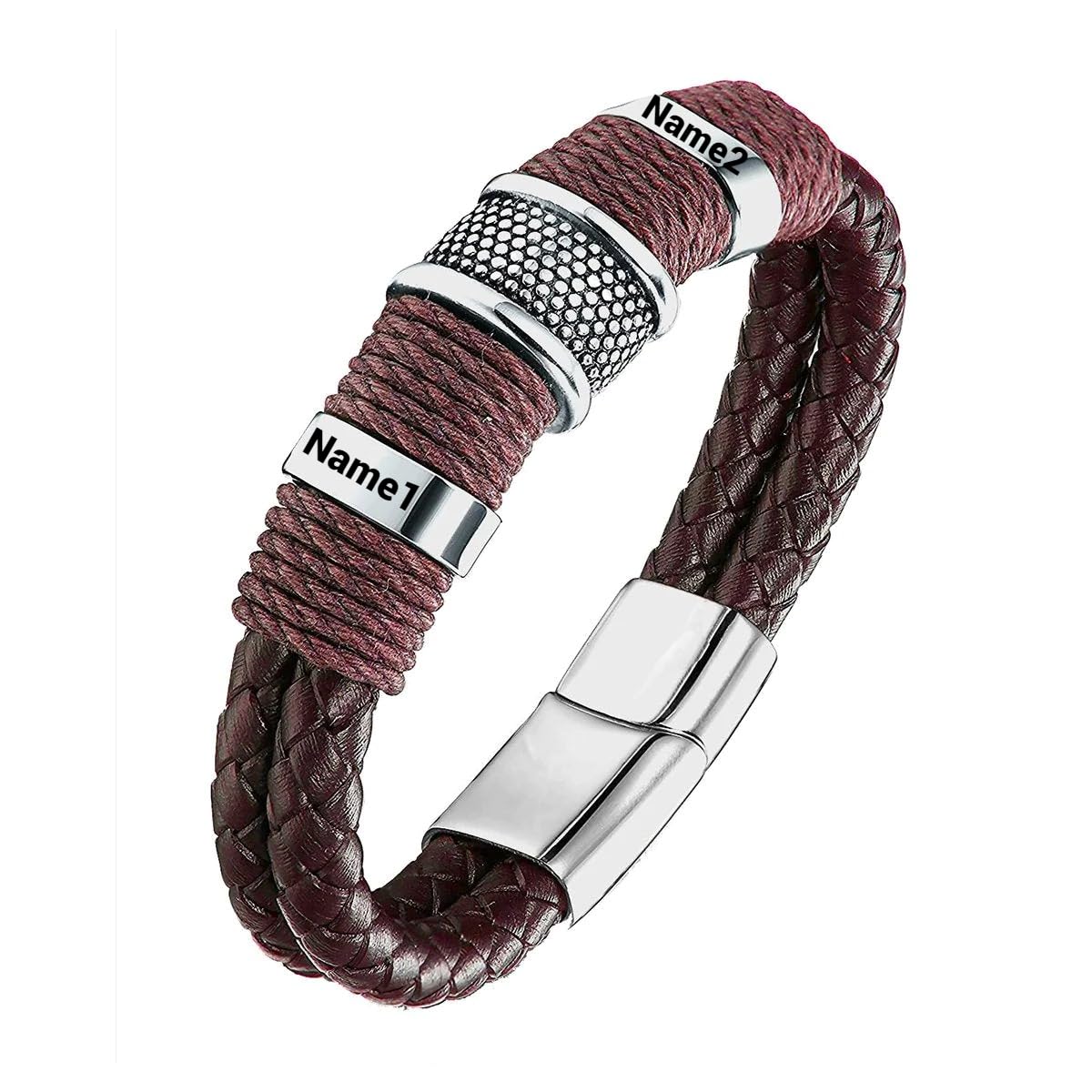 Myjewel Two Names Your Customized Text Engraved Mens Leather ID Bracelet in Rope Stainless Steel, Silver, and Black, Personalised Wrist Band - Stylish and Meaningful Gift for Men (Brown) (B0CBV5P25W) Amazon Price History, Amazon Price Tracker