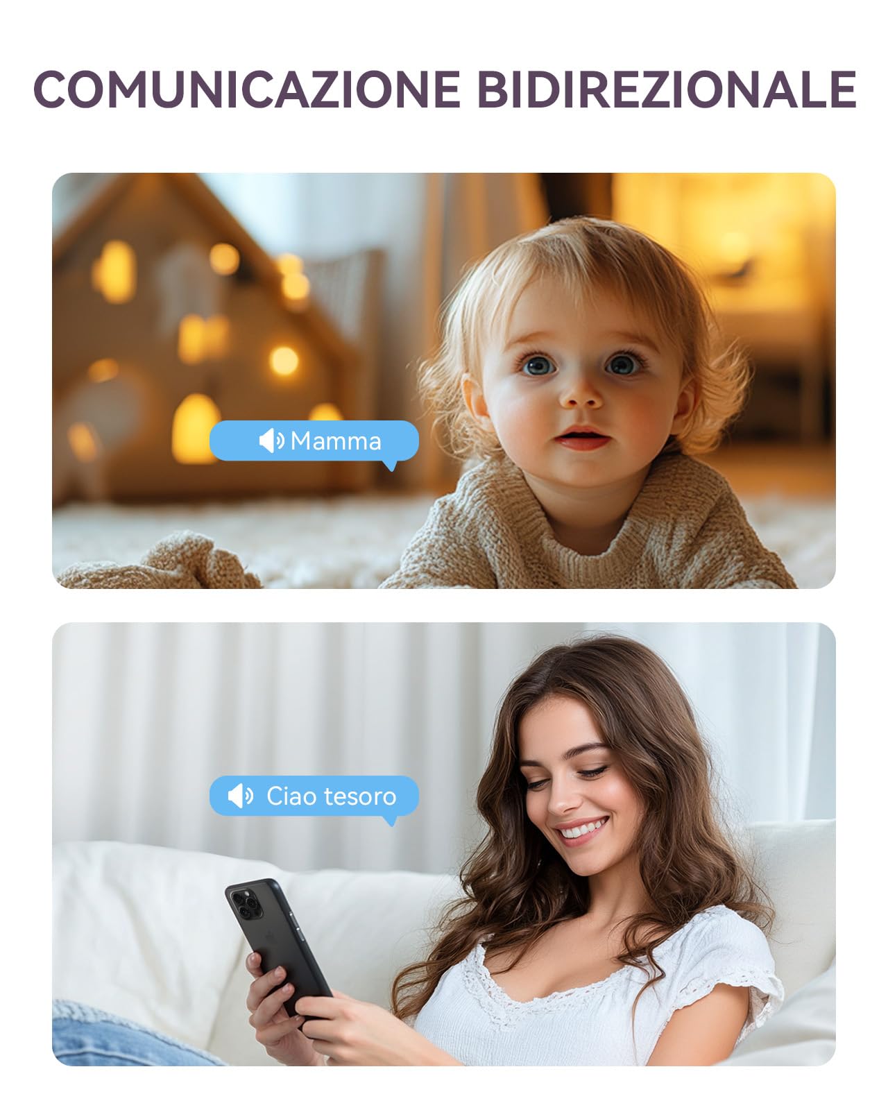 Comfyer telecamera con monitor per bambini di sorveglianza interna girevole con audio bidirezionale, schermo diviso in 4 parti, rilevamento del movimento, visione notturna a infrarossi