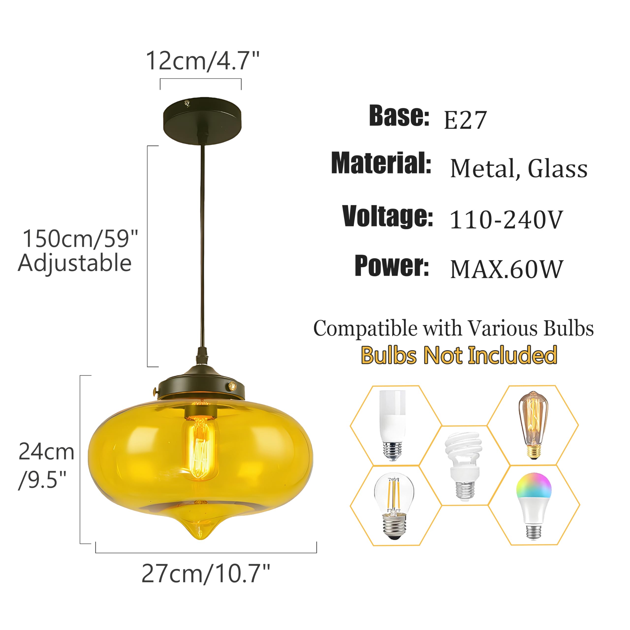 27cm Lampada A Sospensione In Vetro Moderna Con Portalampada In Metallo Nero, Lampadario Da Soffitto Industriale Vintage E27, Per Isola Cucina Sala Da Pranzo Camera Da Letto Bar (Giallo)
