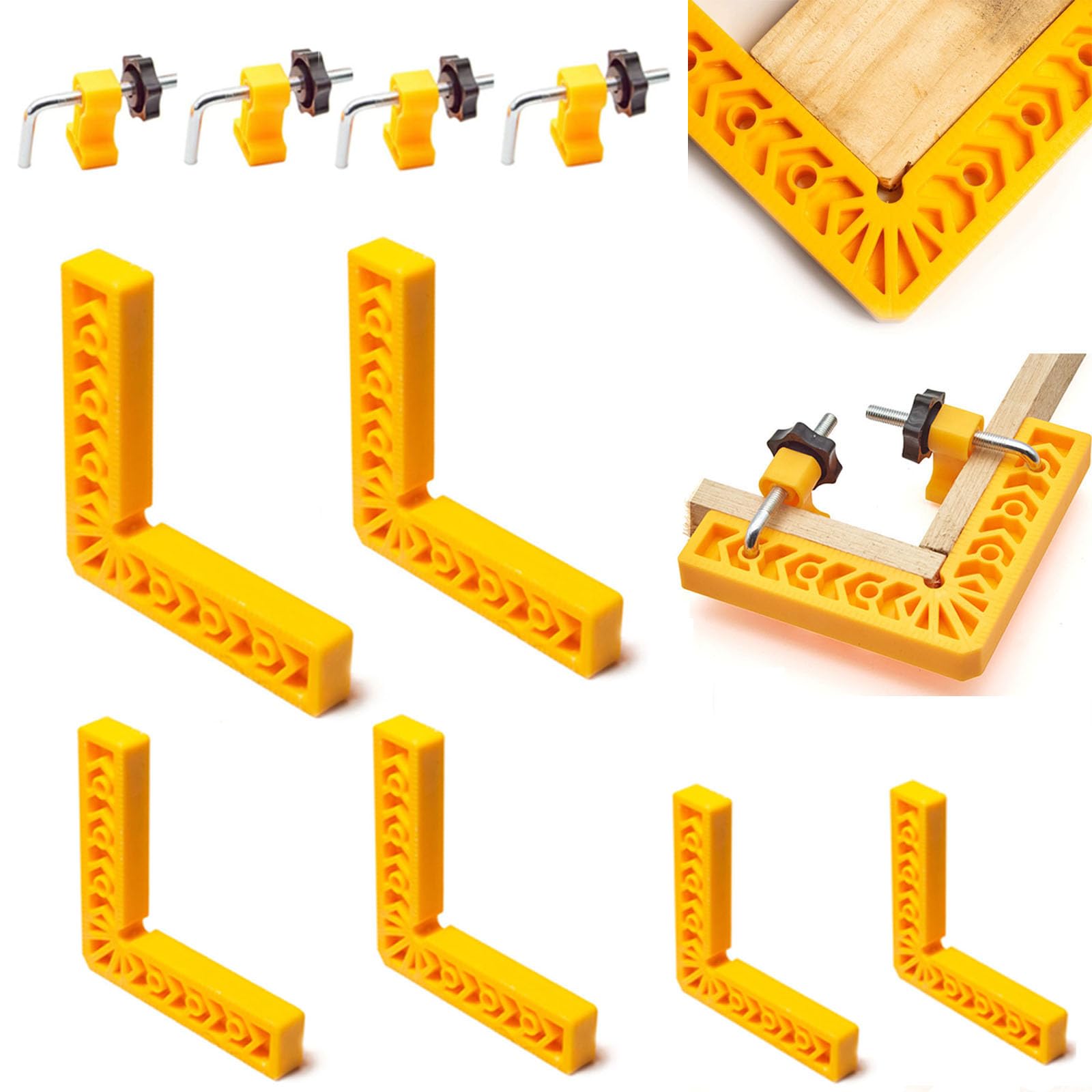 6 Pcs Right Angle Clamps 90 Degree, 4 Pcs 90° Auxiliary Screws, Corner Clamp L-Type Corner Positioning Right Angle Clamps Positioning Squares Clamp, for DIY Picture Frames Drawers Cabinets (3" 4" 6") — image 1