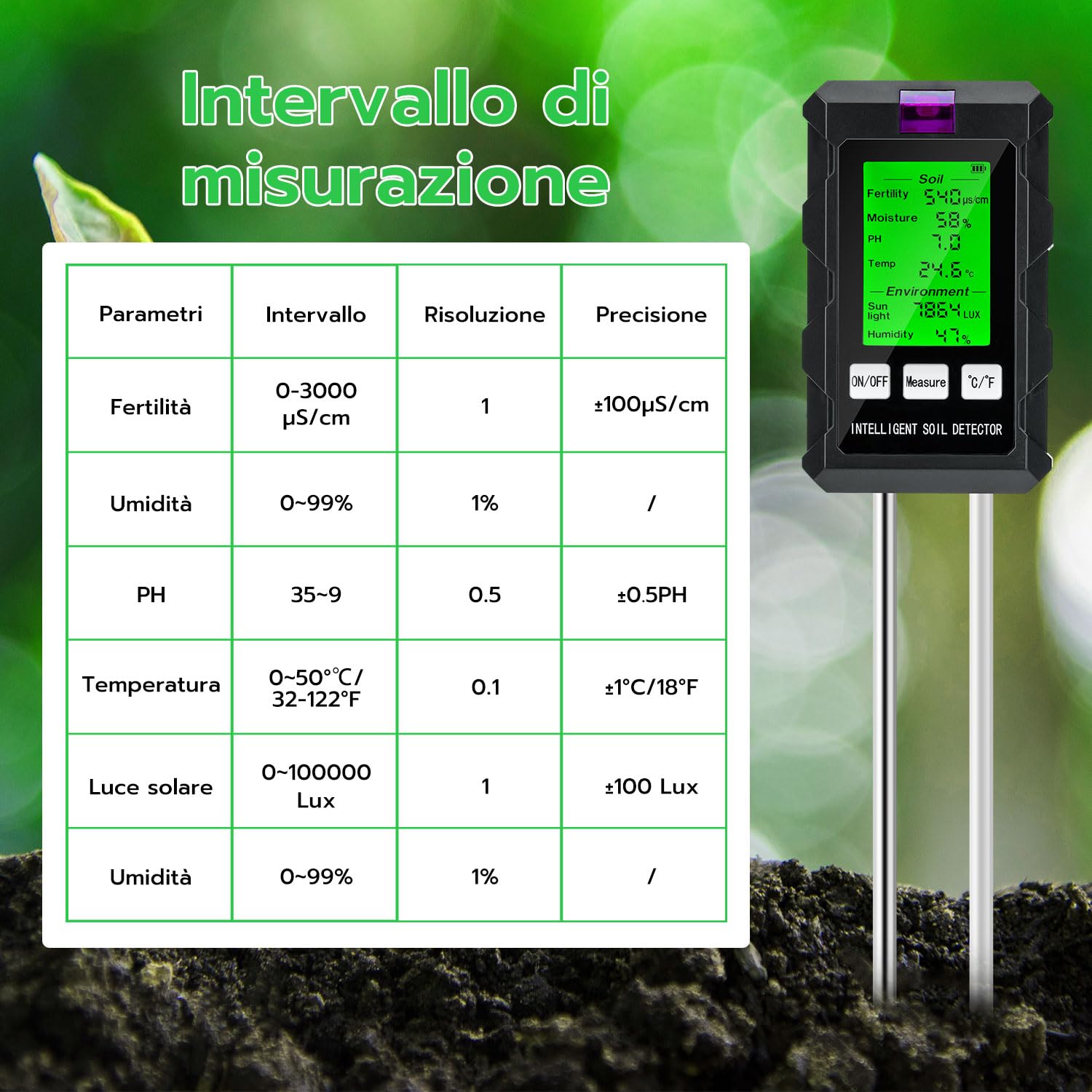 Wigearss 6 in 1 Misuratore PH Terreno, Misuratore umidità Terreno, Misuratore di Termometro Terreno, Misuratore Fertilità Terreno, Misuratore Luce Solare e Misuratore di umidità Ambientale per Piante - 5
