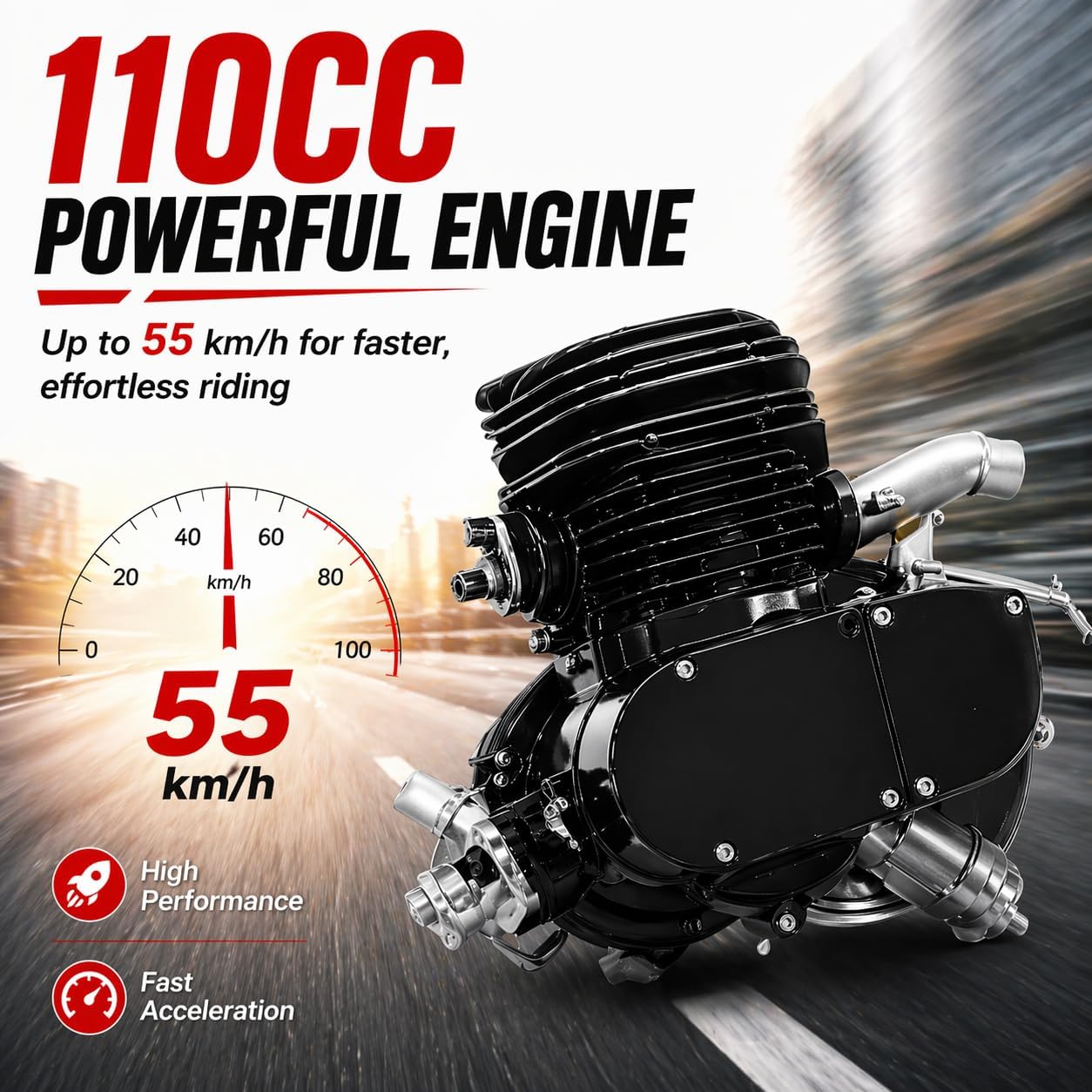 Upgrade 110CC Bicycle Engine Kit 2 Stroke Motorized Bike Kit Gas Powered Engine Motor Kit with CDI System Foot Pedal Start Bike Kit for 26/28" Bikes (Black)